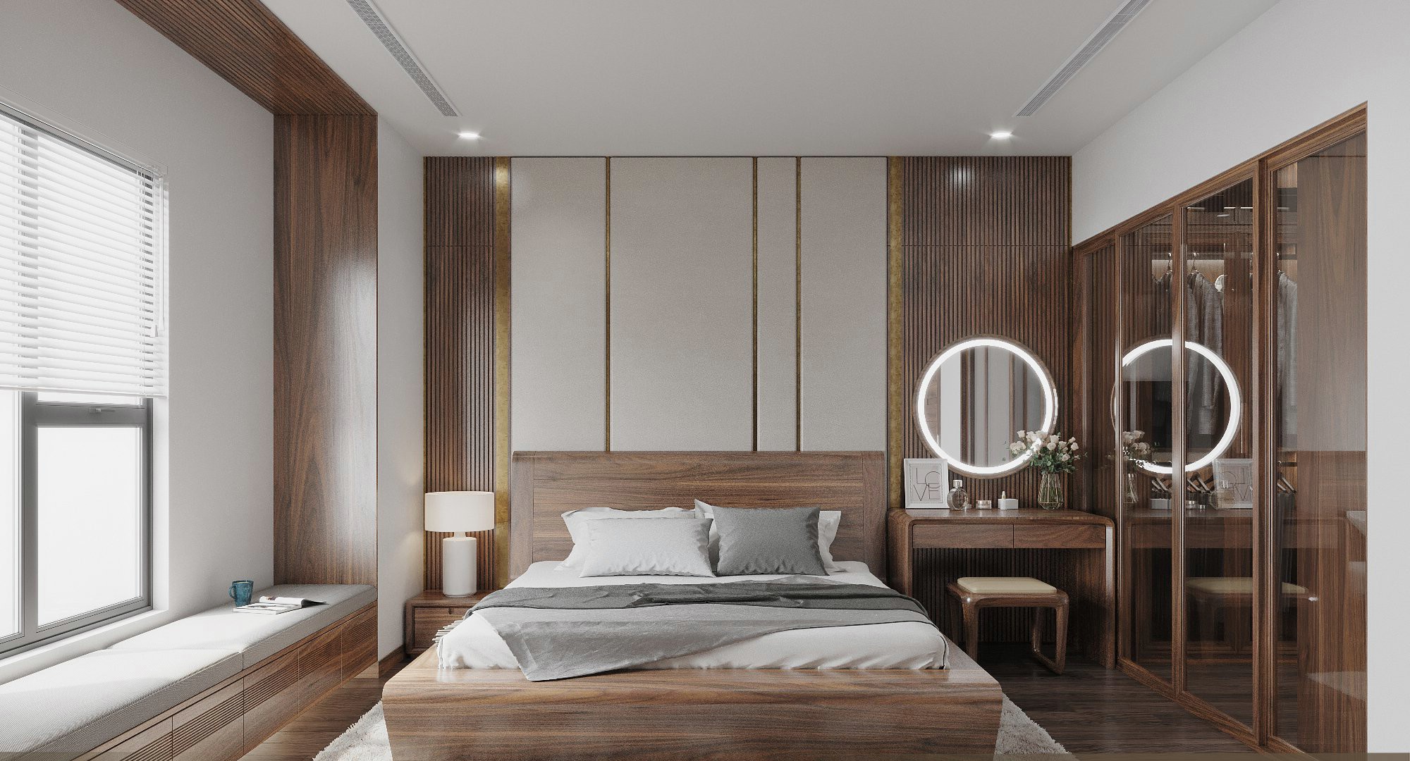 thiết kế phòng ngủ chung cư gỗ óc chó