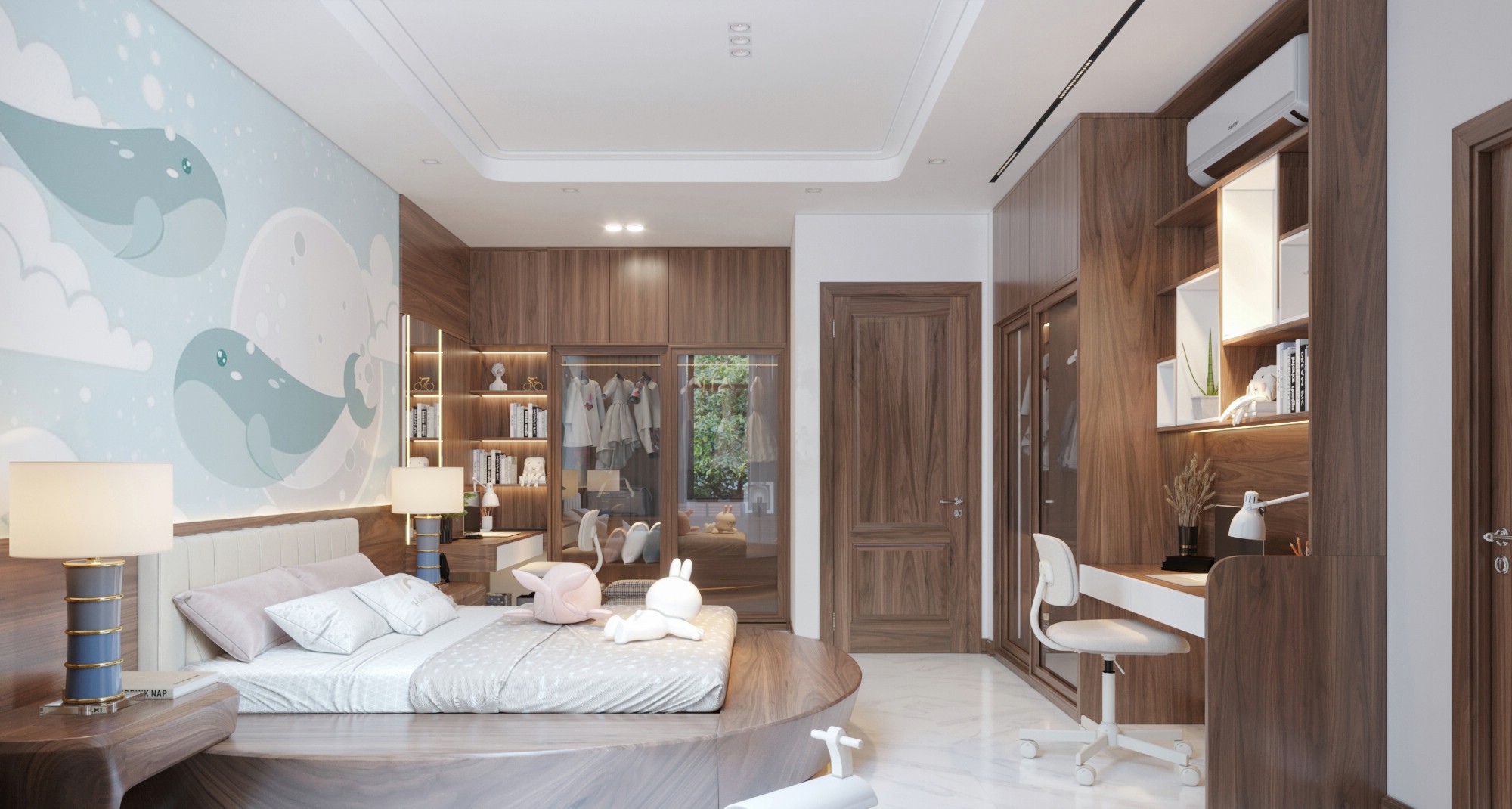 thiết kế phòng ngủ công chúa gỗ óc chó