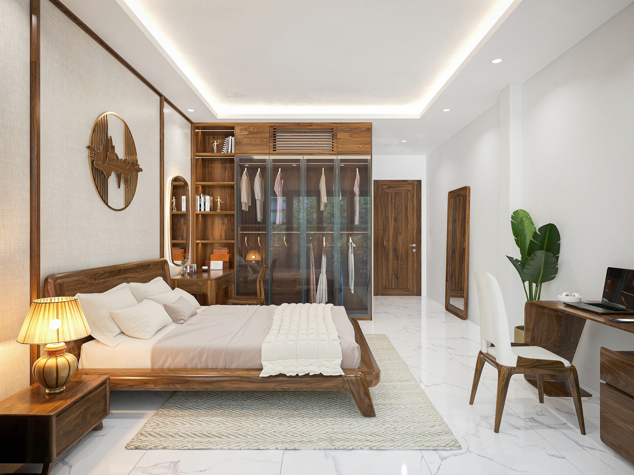 thiết kế phòng ngủ dài gỗ óc chó