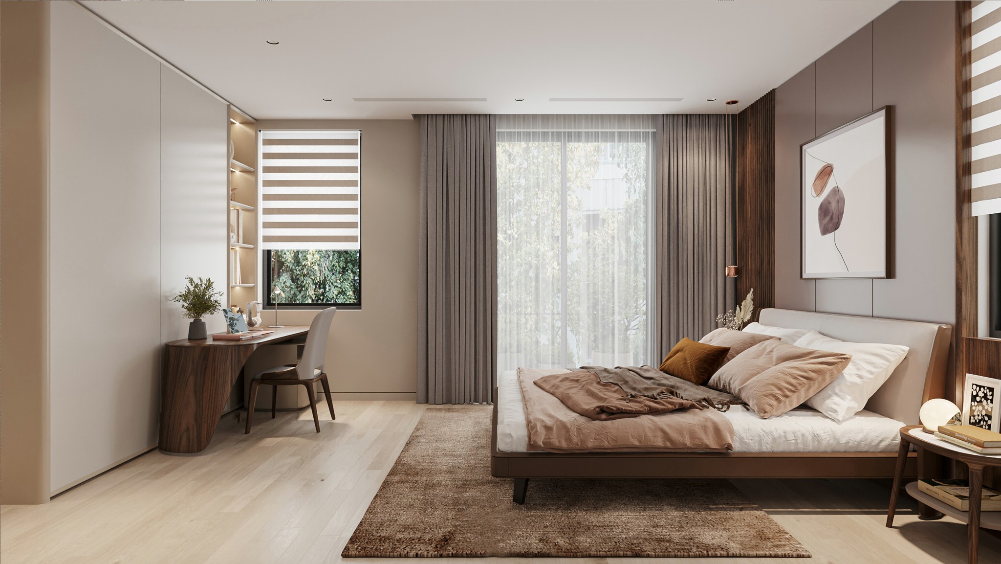 thiết kế phòng ngủ giường bệt gỗ óc chó