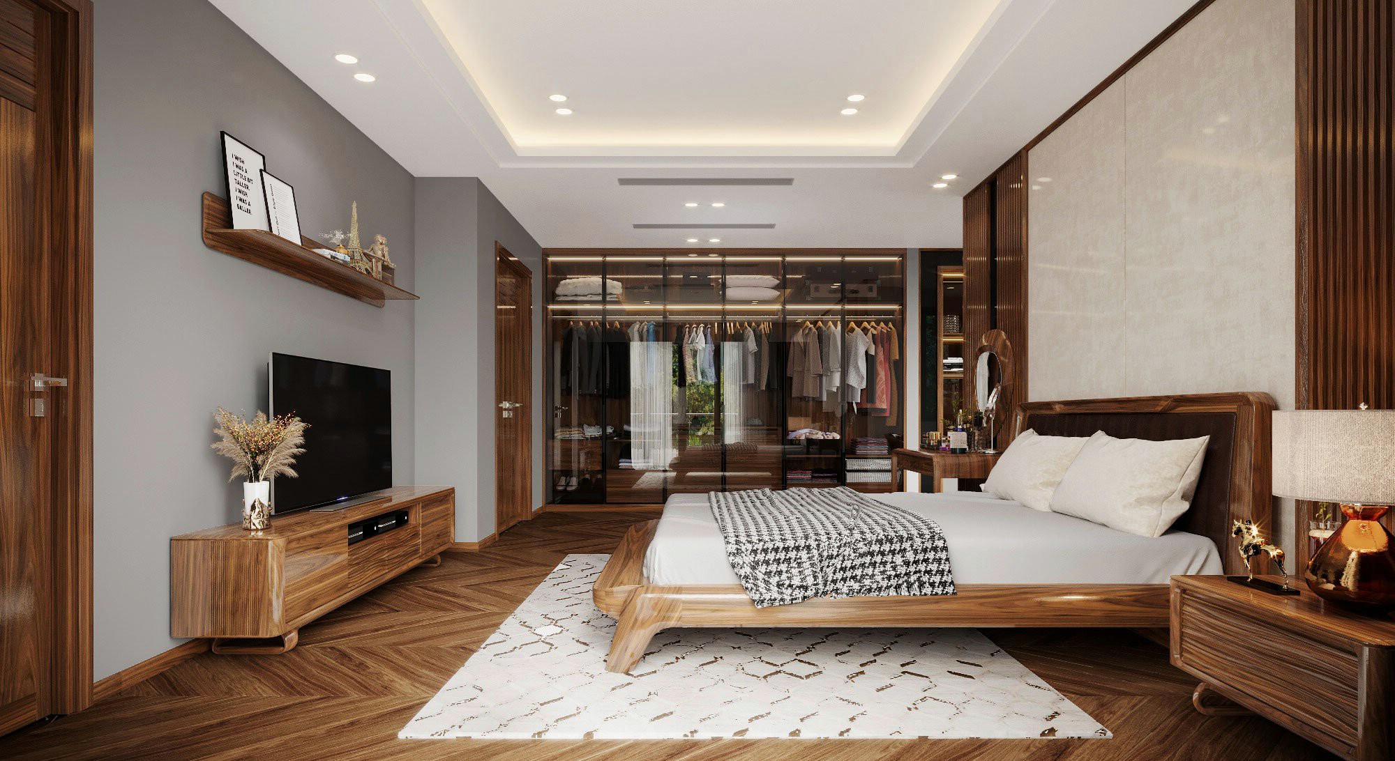 thiết kế phòng ngủ gỗ óc chó 20m2 có toilet