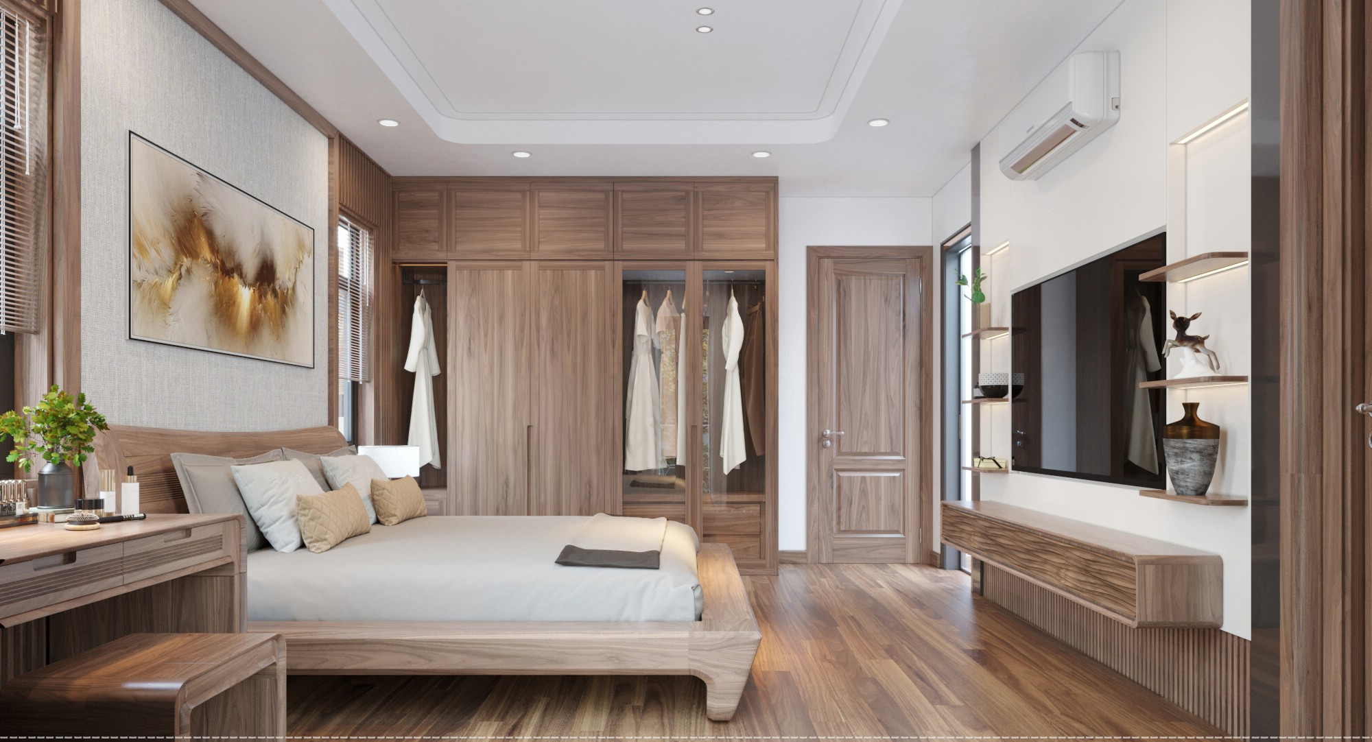 thiết kế phòng ngủ gỗ óc chó ấm cúng