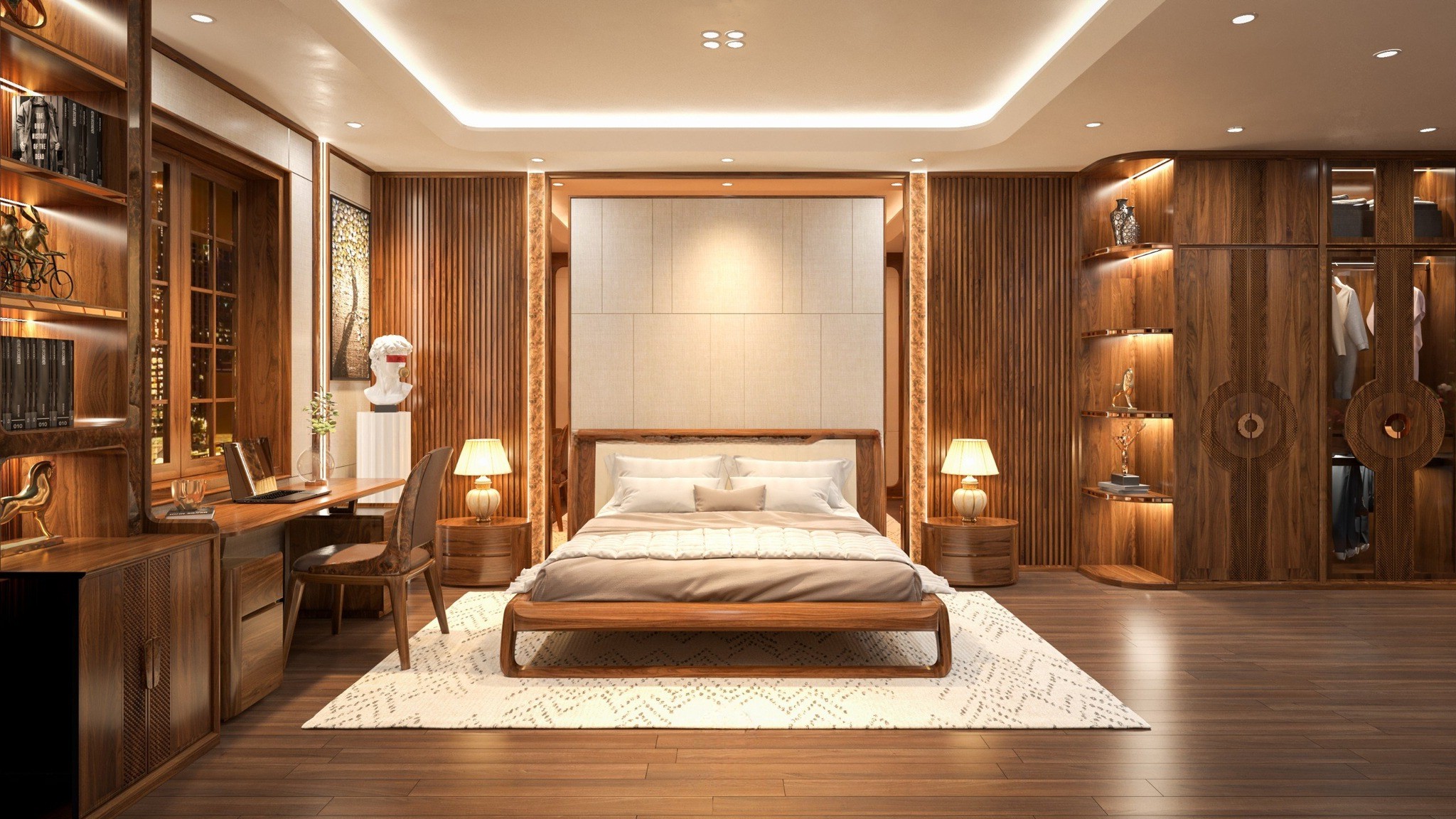 Thiết kế phòng ngủ gỗ óc chó cao cấp hiện đại với giường ngủ trung tâm và tủ quần áo chữ I