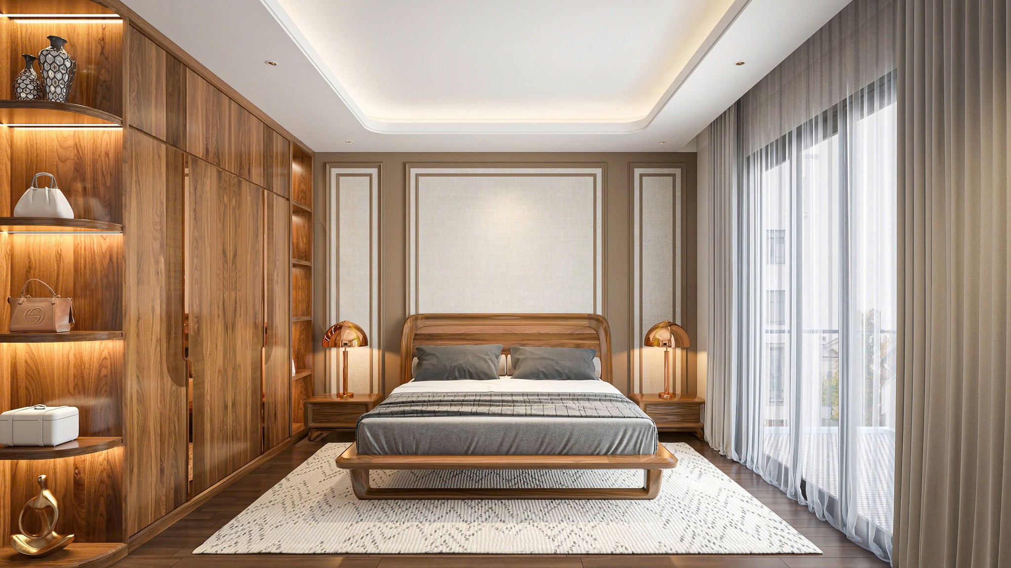 Thiết kế phòng ngủ gỗ óc chó cho vợ chồng mới cưới với tủ chữ I và giường ngủ bo tròn