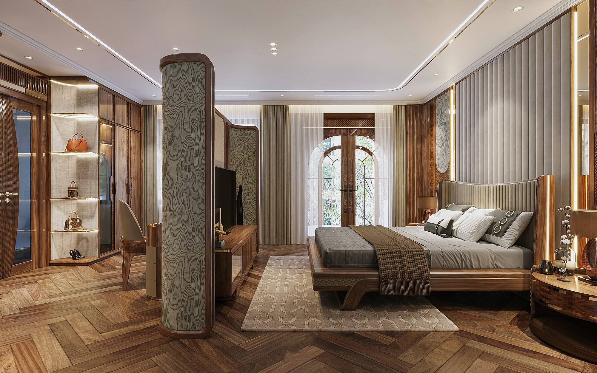 Thiết kế phòng ngủ gỗ óc chó cho vợ chồng với vách ngăn vòm và kệ tivi trung tâm