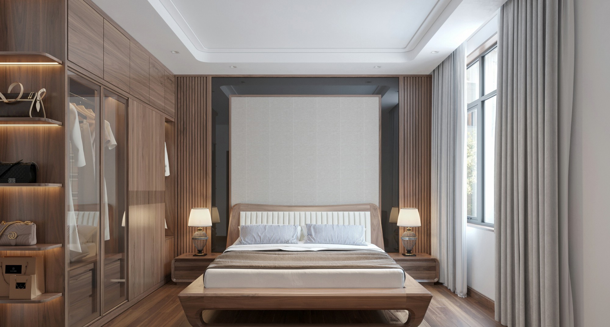 Thiết kế phòng ngủ gỗ óc chó chung cư đẹp với tủ áo cánh kính và giường ngủ hiện đại