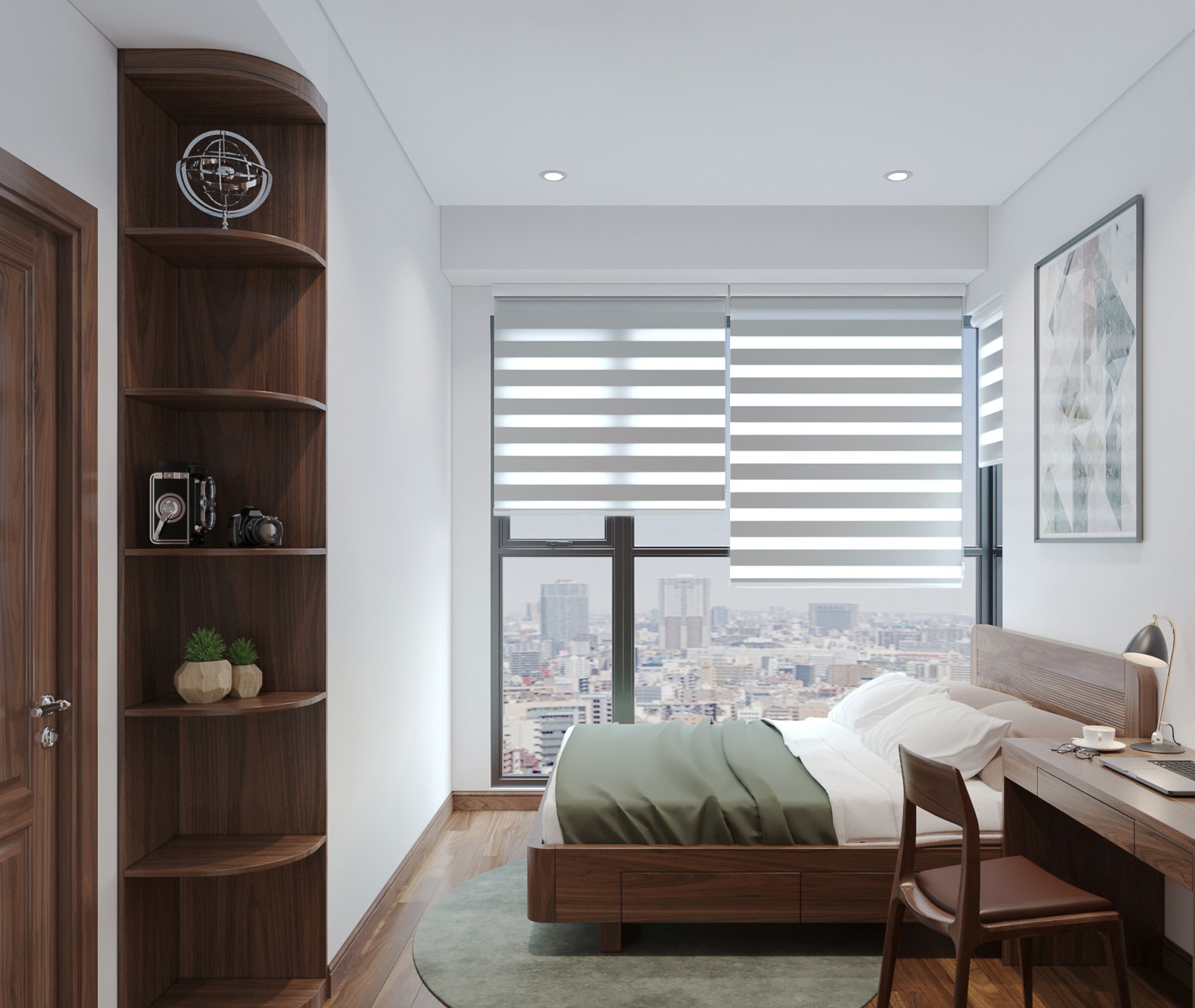 Thiết kế phòng ngủ gỗ óc chó chung cư hiện đại diện tích nhỏ với cửa kính lớn
