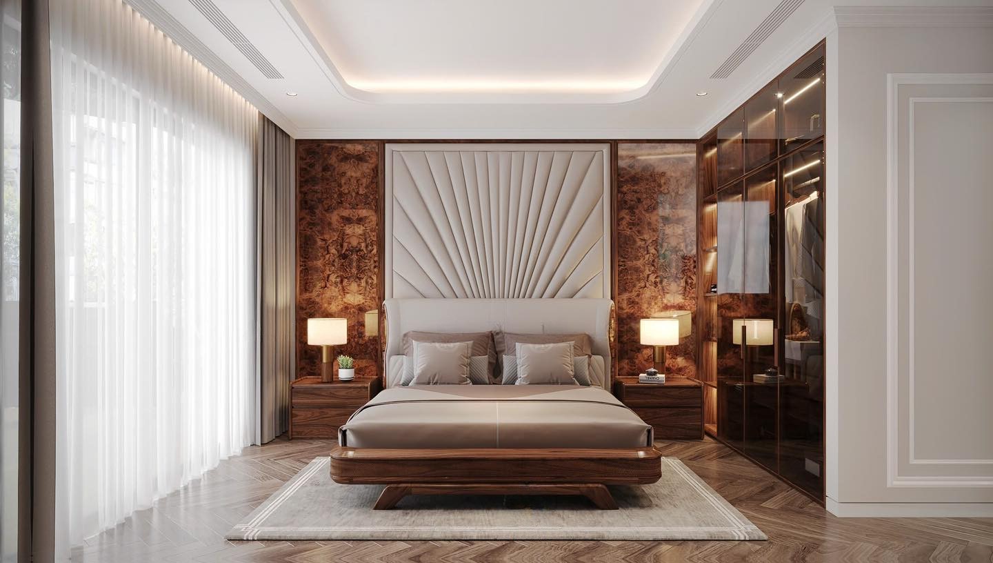 Thiết kế phòng ngủ gỗ óc chó có tủ âm tường cánh kính tối màu và giường Platform