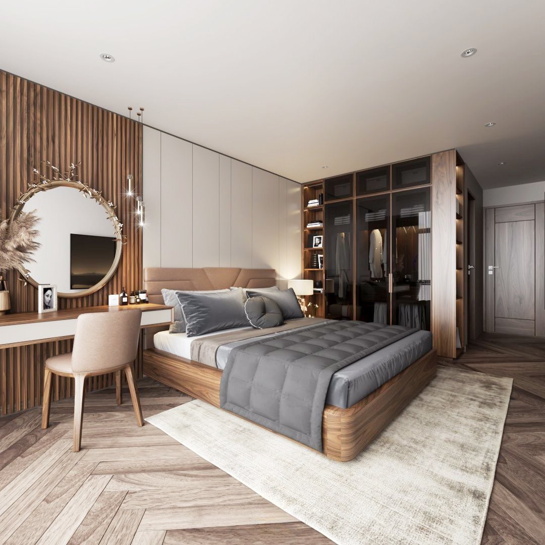 Thiết kế phòng ngủ gỗ óc chó đẹp cho nữ đơn giản với giường chân bệt và tủ áo cánh kính