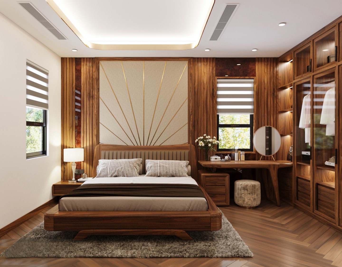 Thiết kế phòng ngủ gỗ óc chó đẹp cho nữ với giường Queen và tủ áo cánh kính