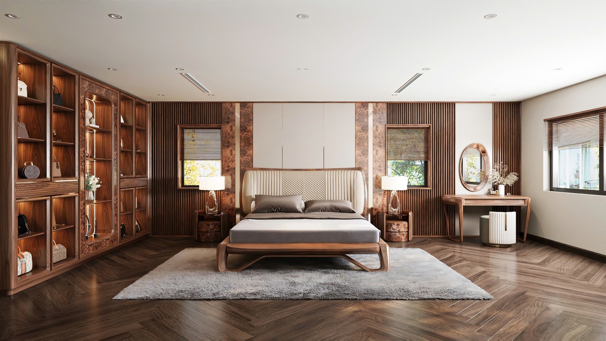 Thiết kế phòng ngủ gỗ óc chó đẹp cho vợ chồng với giường King và tủ trưng bày âm tường
