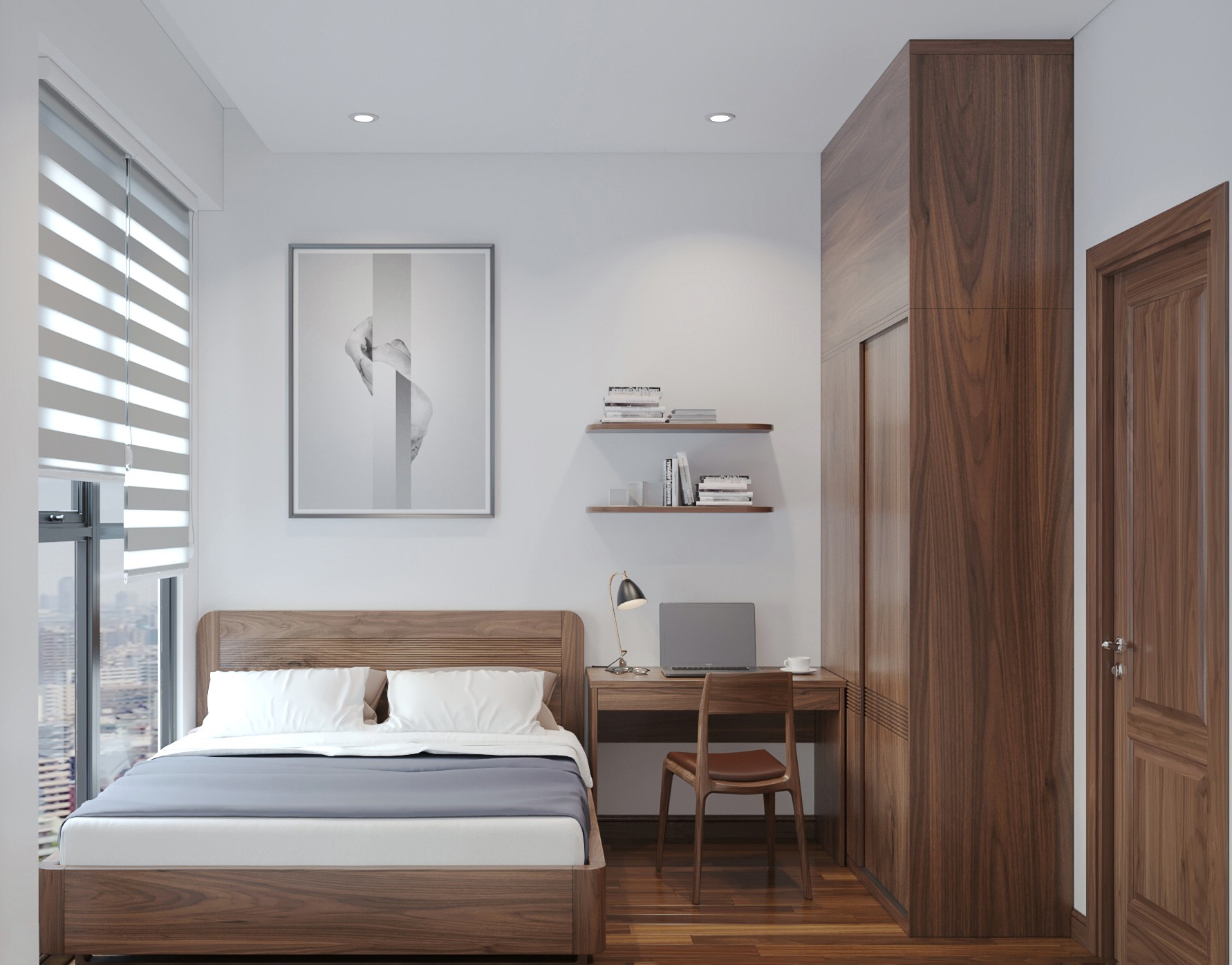 Thiết kế phòng ngủ gỗ óc chó đẹp đơn giản với giường hộp chữ nhật và tủ kịch trần