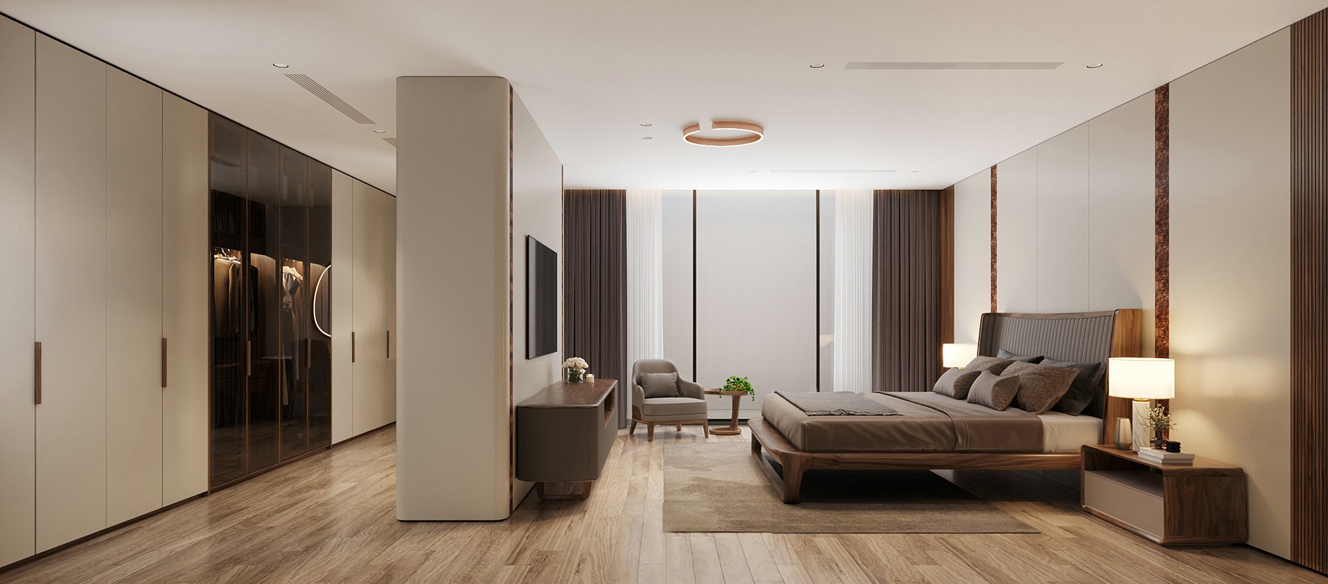 Thiết kế phòng ngủ gỗ óc chó đẹp sang trọng với giường Platform và tủ âm tường