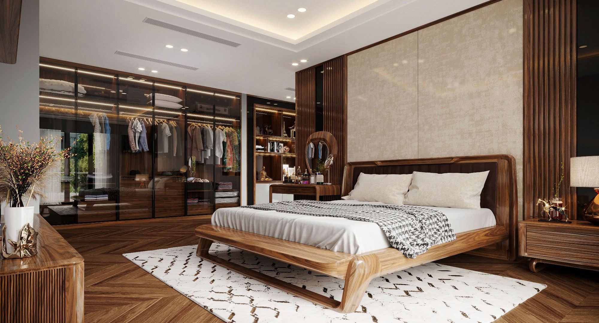 Thiết kế phòng ngủ gỗ óc chó đẹp với giường ngủ hiện đại và tủ áo cánh kính