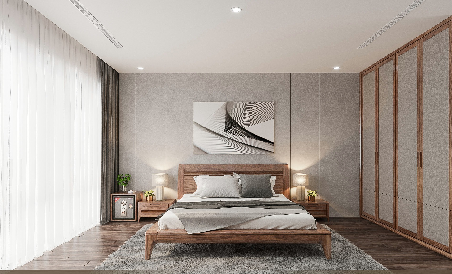 Thiết kế phòng ngủ gỗ óc chó đơn giản với giường Platform và tủ áo kịch trần