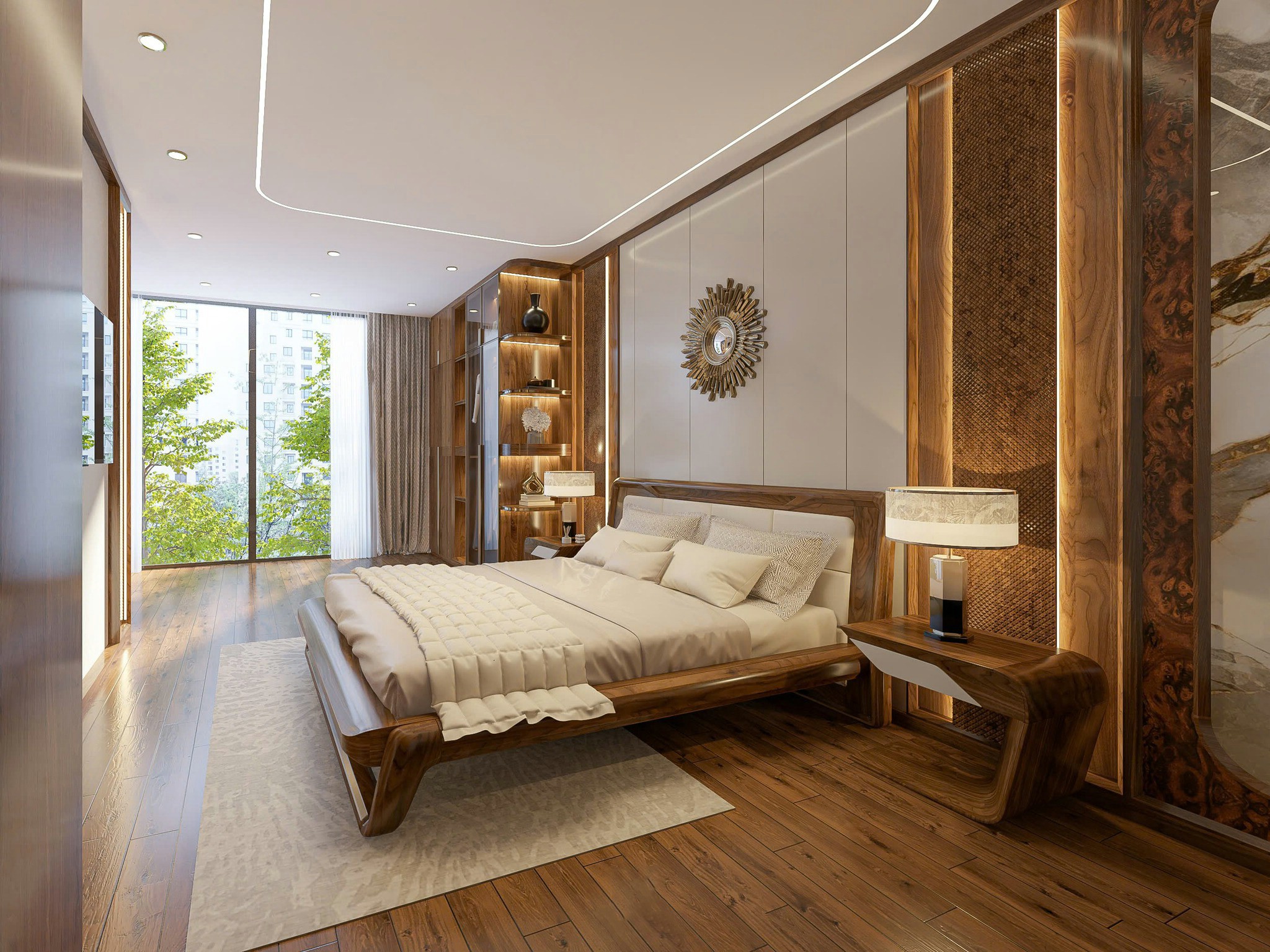 Thiết kế phòng ngủ gỗ óc chó hiện đại sang trọng với giường đôi và tủ trưng bày