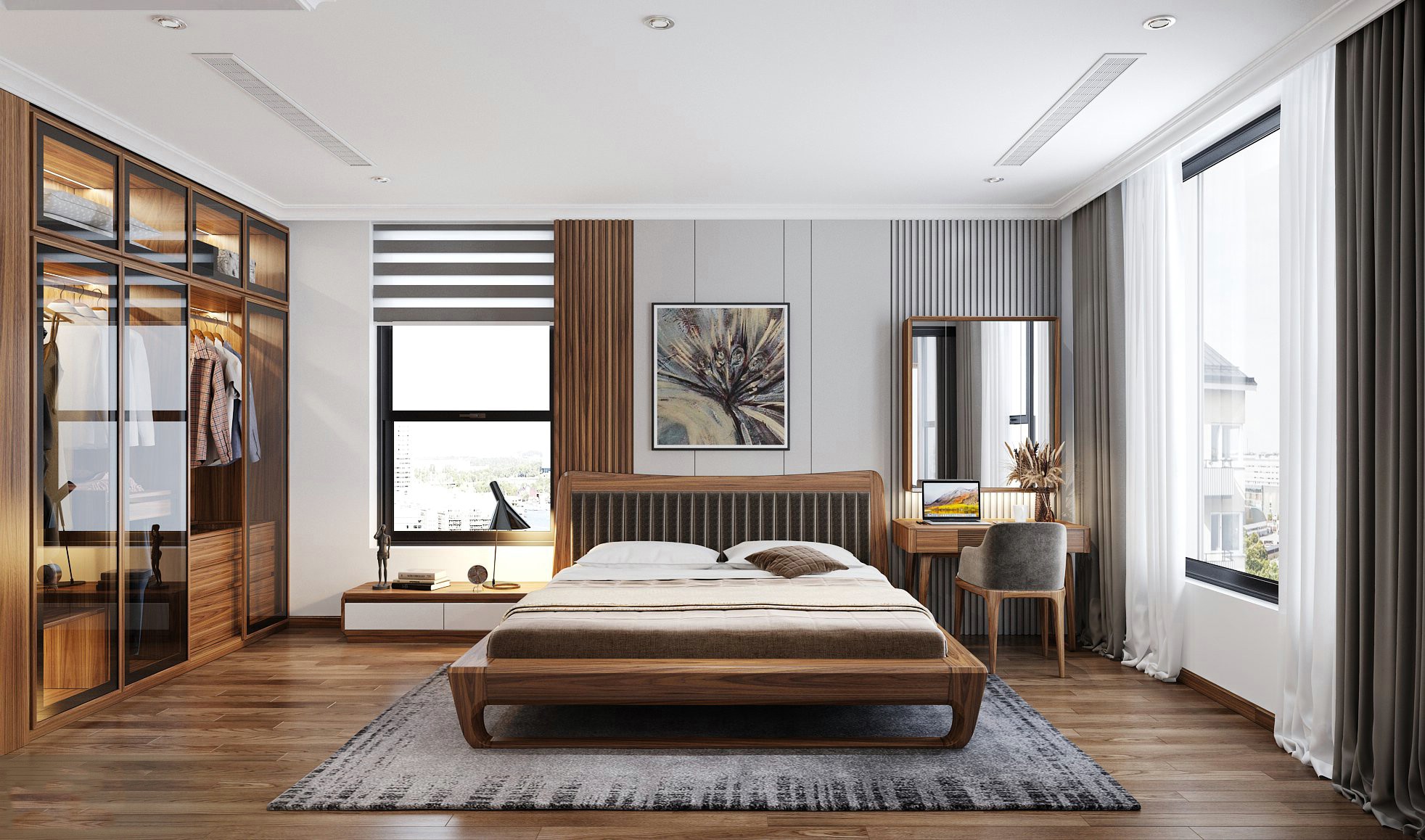 Thiết kế phòng ngủ gỗ óc chó hiện đại với giường Platform và tủ áo cánh kính