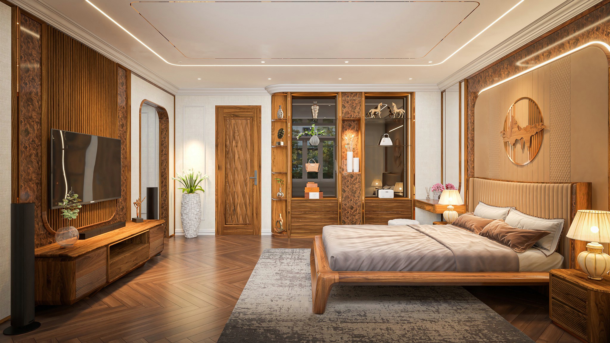 Thiết kế phòng ngủ gỗ óc chó hợp lý với giường Platform và tủ trưng bày kịch trần