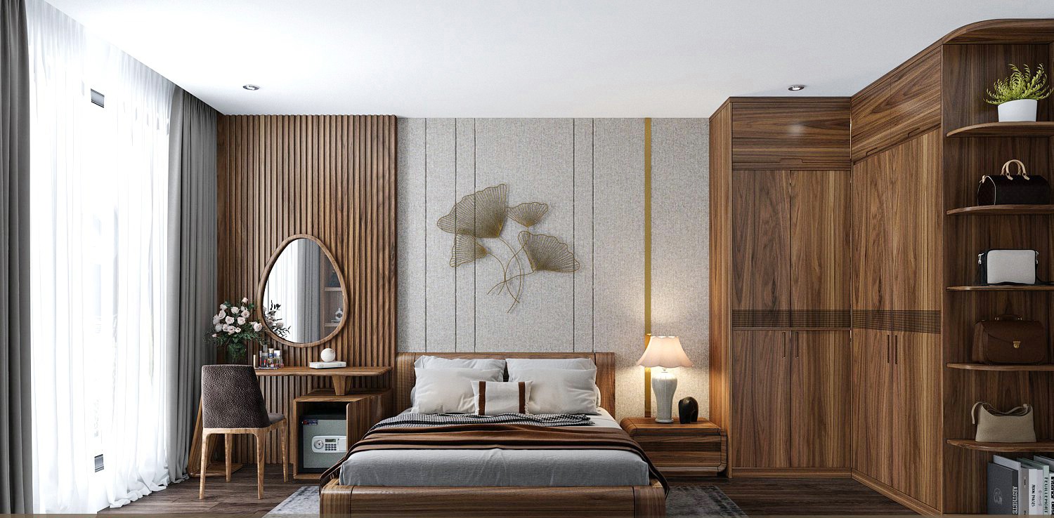 Thiết kế phòng ngủ gỗ óc chó luxury với giường chân bệt và tủ chữ L
