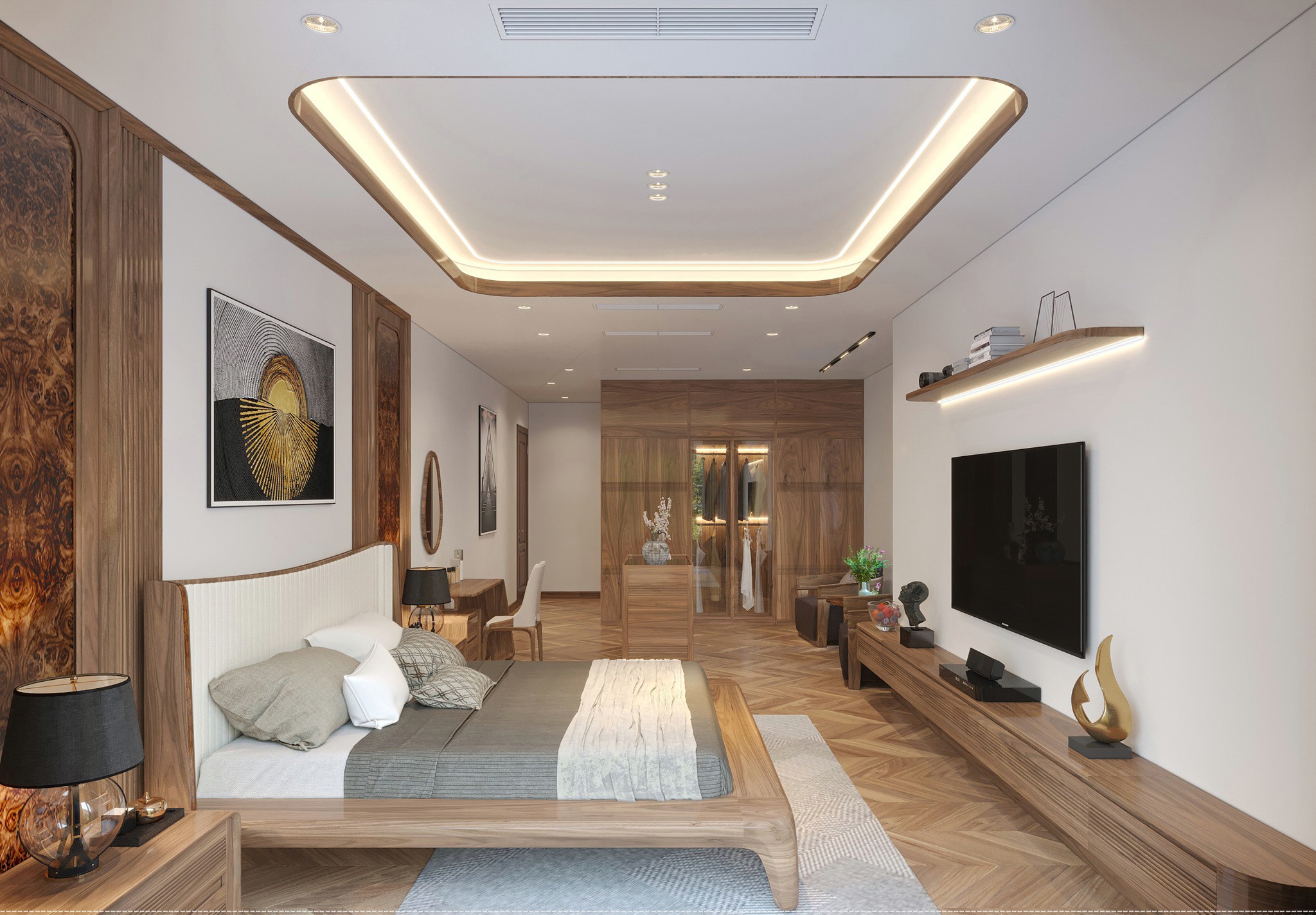 Thiết kế phòng ngủ gỗ óc chó nhà ống đẹp với bố cục tối ưu chiều ngang