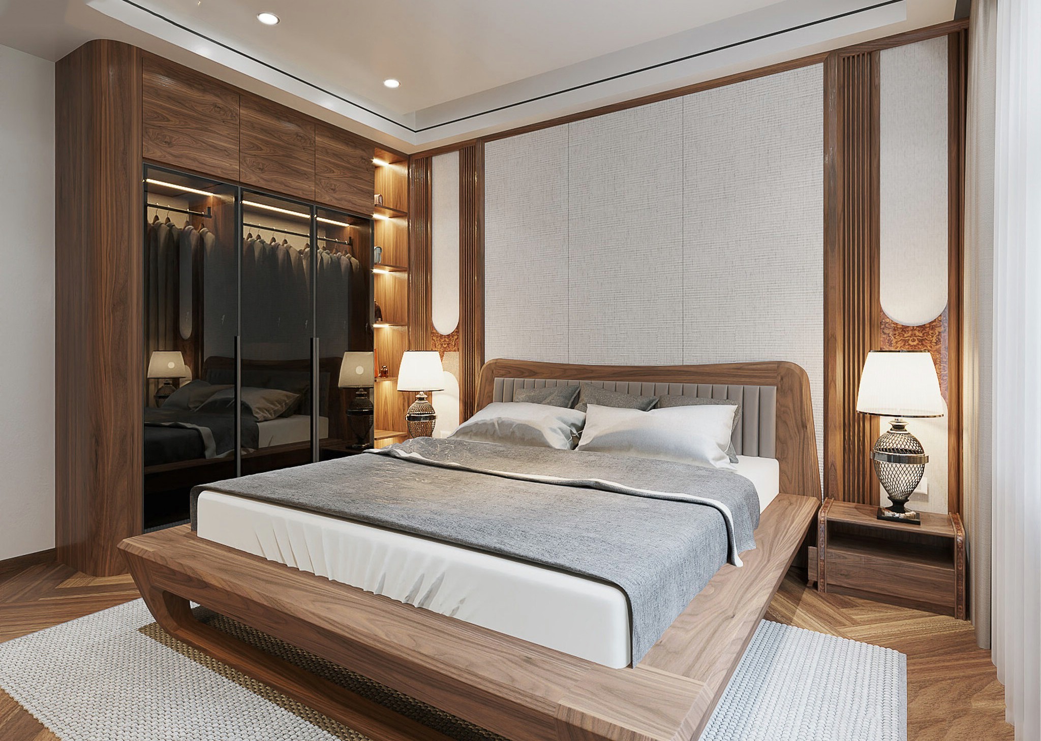Thiết kế phòng ngủ gỗ óc chó nhỏ đẹp với giường Platform và tủ áo kịch trần