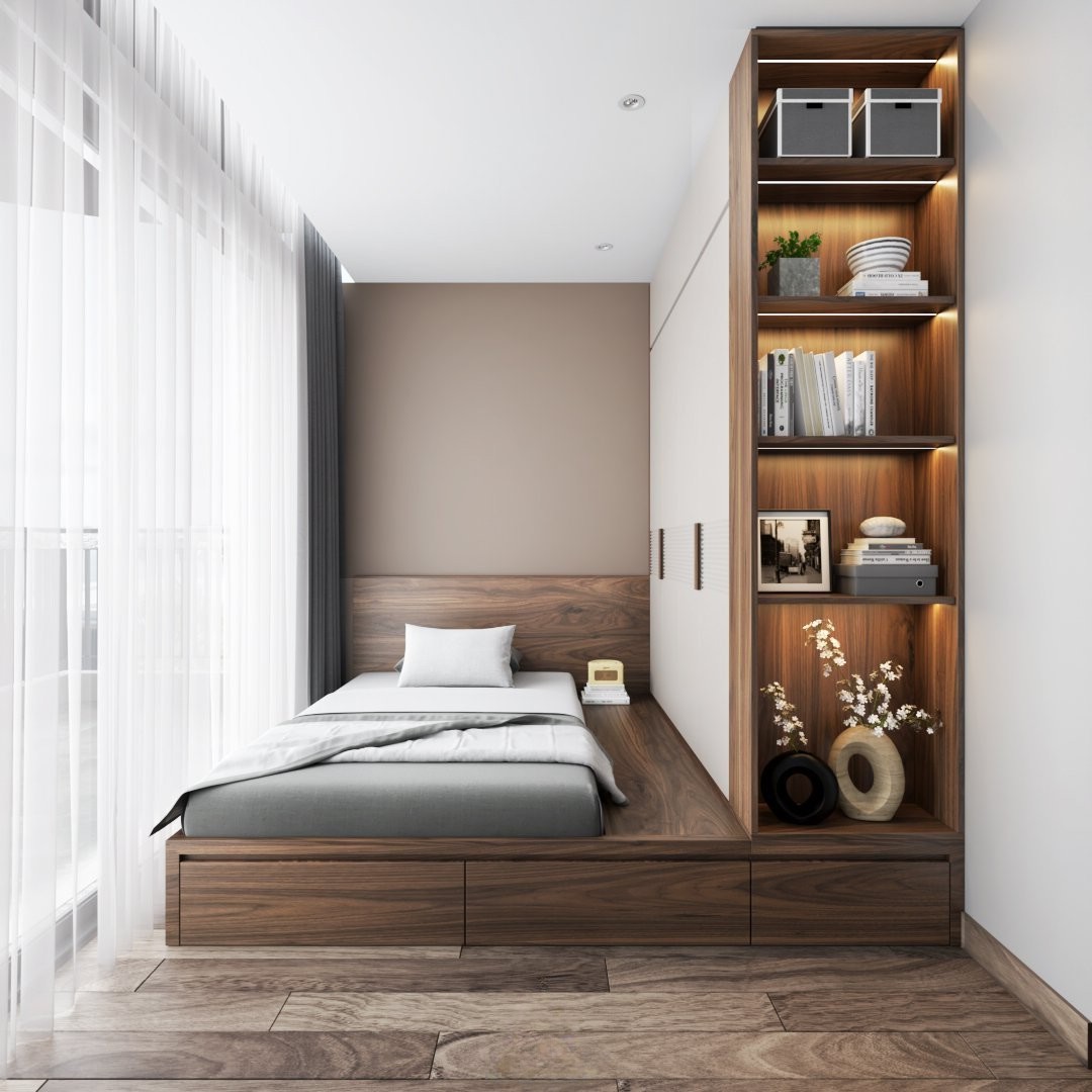 Thiết kế phòng ngủ gỗ óc chó nhỏ với giường tích hợp lưu trữ và tủ kịch trần