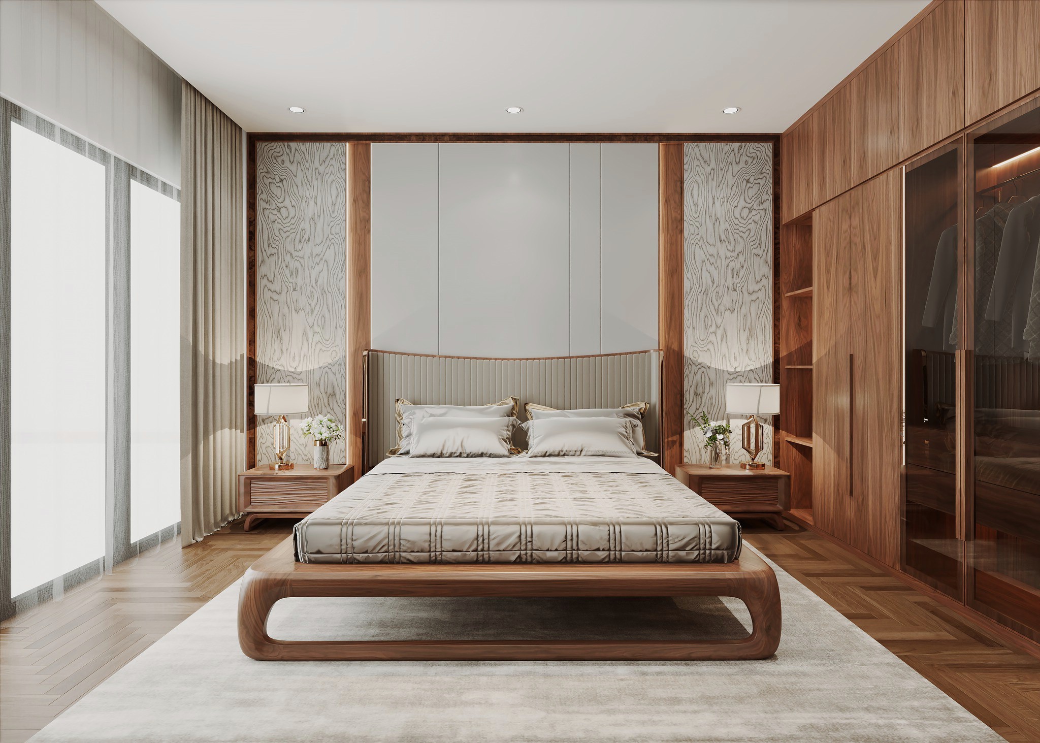 Thiết kế phòng ngủ gỗ óc chó thông minh với giường bo tròn và tủ áo kịch trần