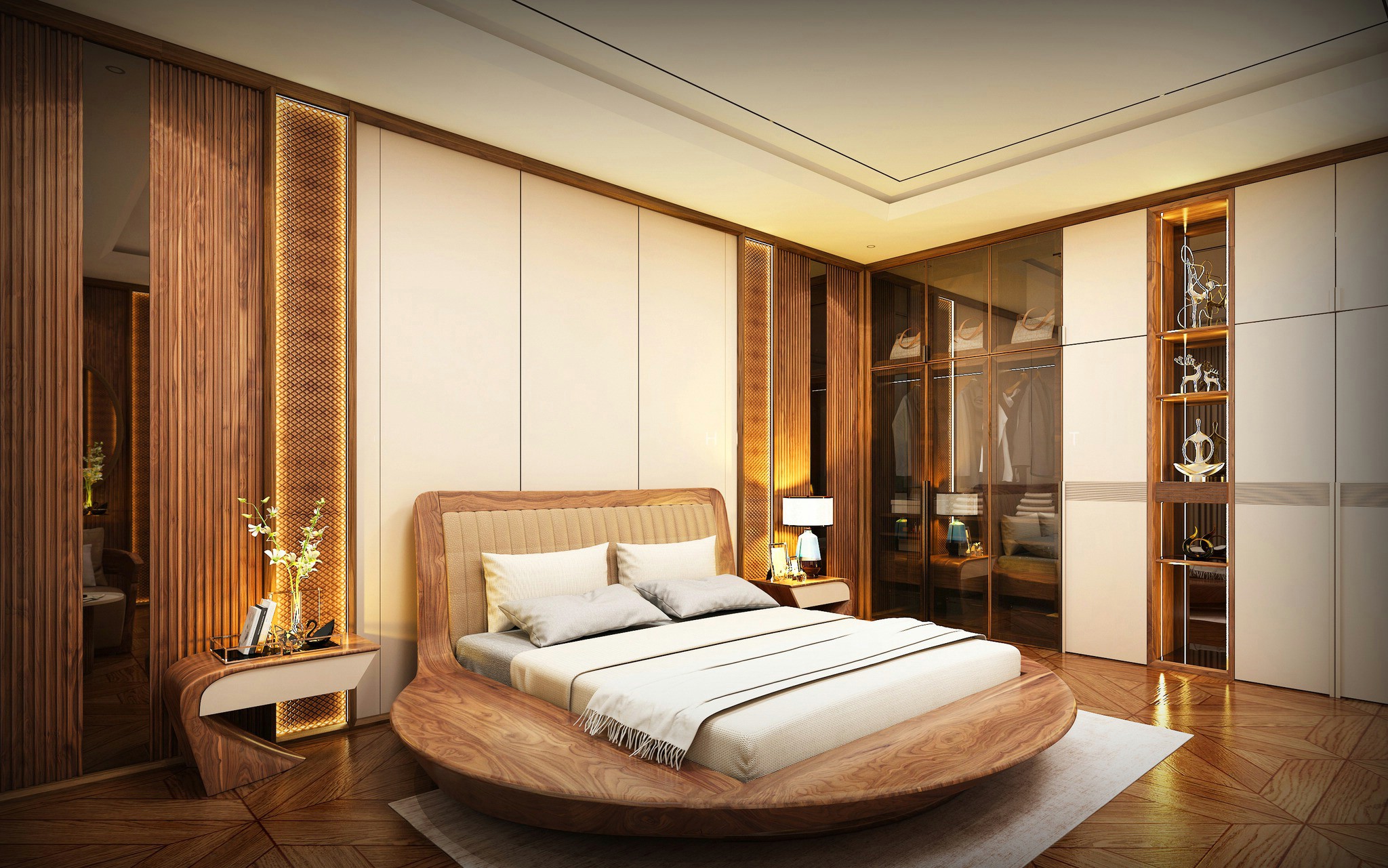 Thiết kế phòng ngủ gỗ óc chó tự nhiên với giường tròn và tủ âm tường