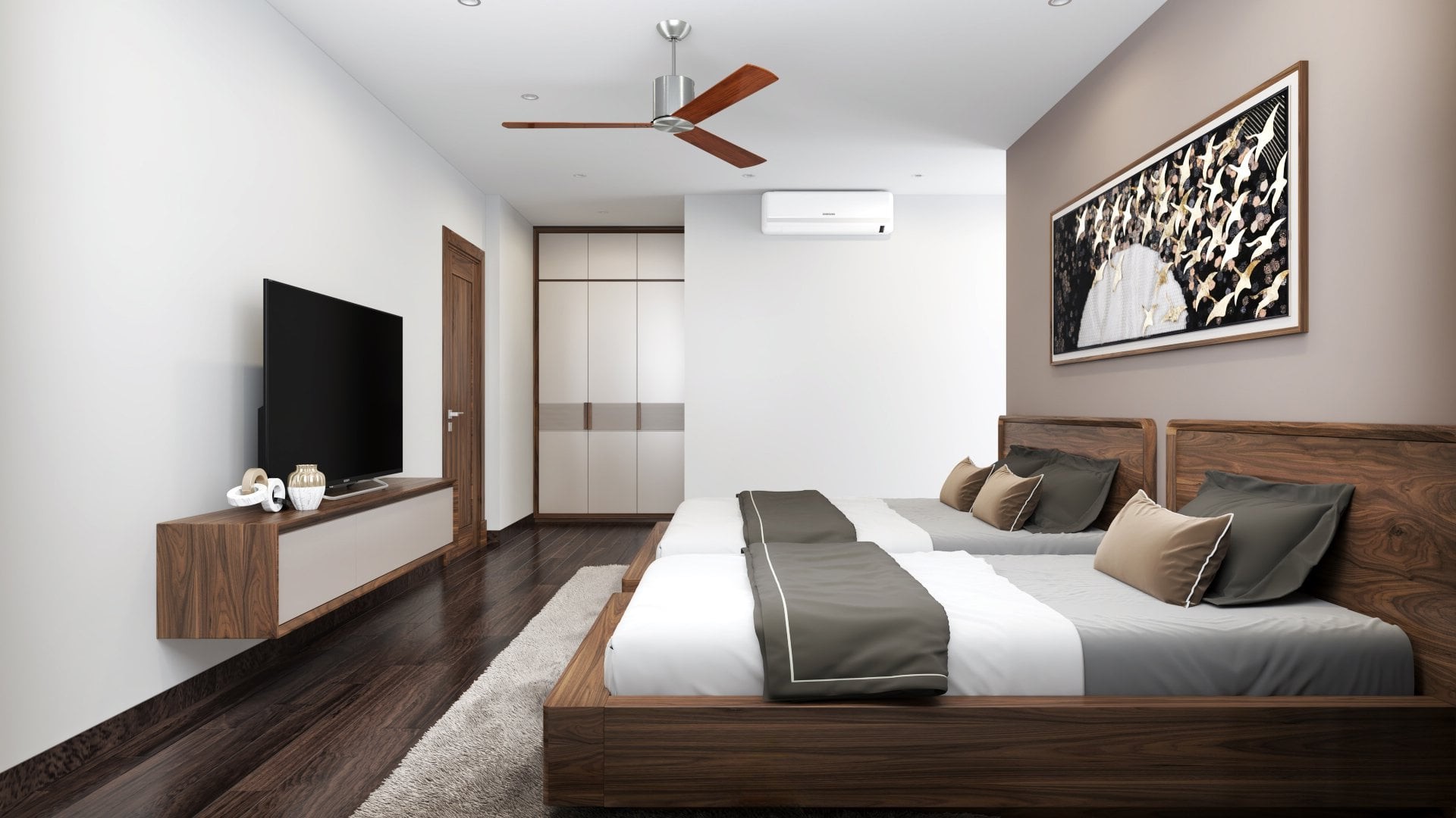 Thiết kế phòng ngủ hai giường gỗ óc chó hiện đại chân bệt