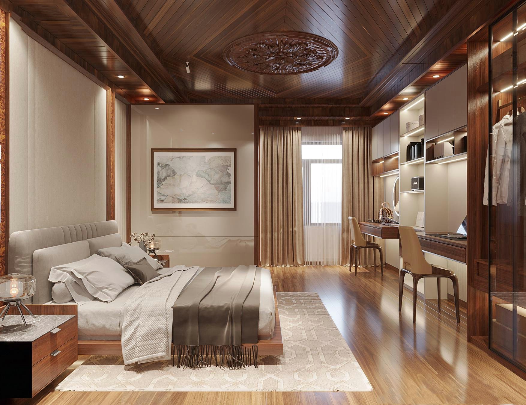 Thiết kế phòng ngủ kiêm phòng làm việc gỗ óc chó hiện đại