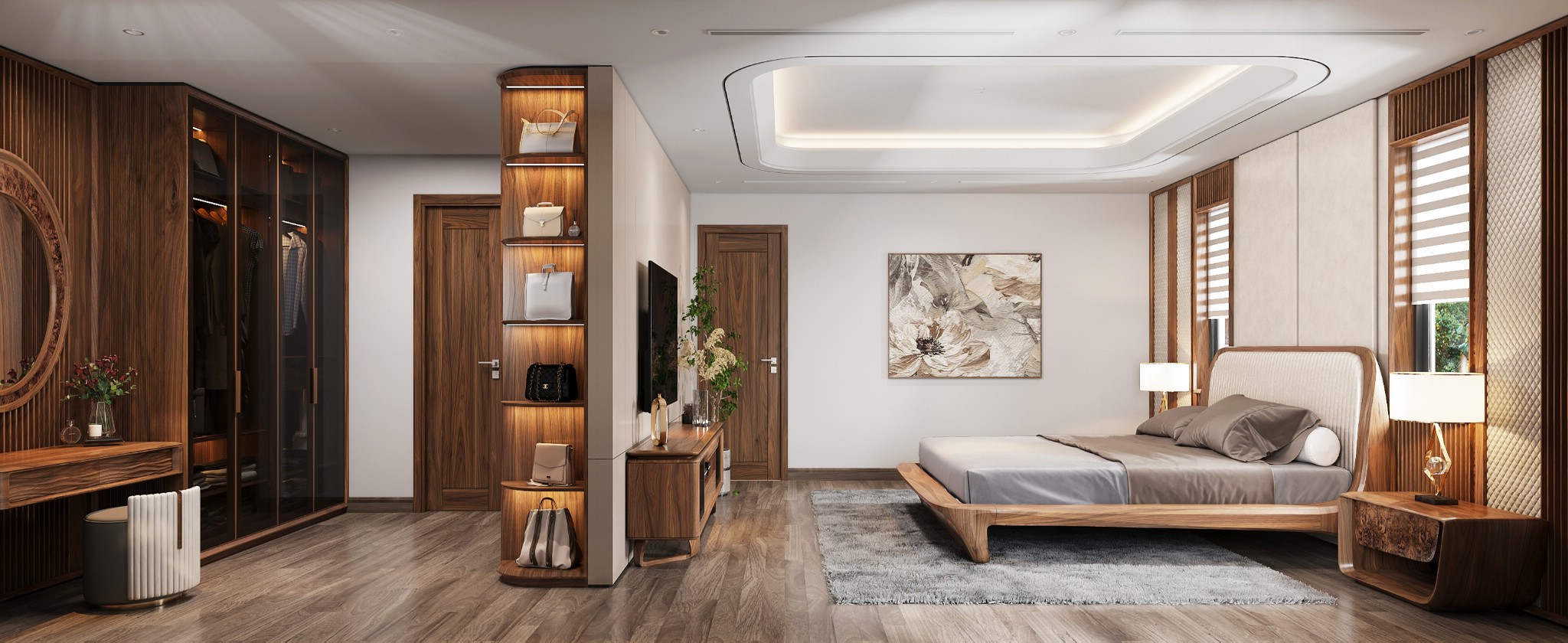 Thiết kế phòng ngủ lớn gỗ óc chó hiện đại