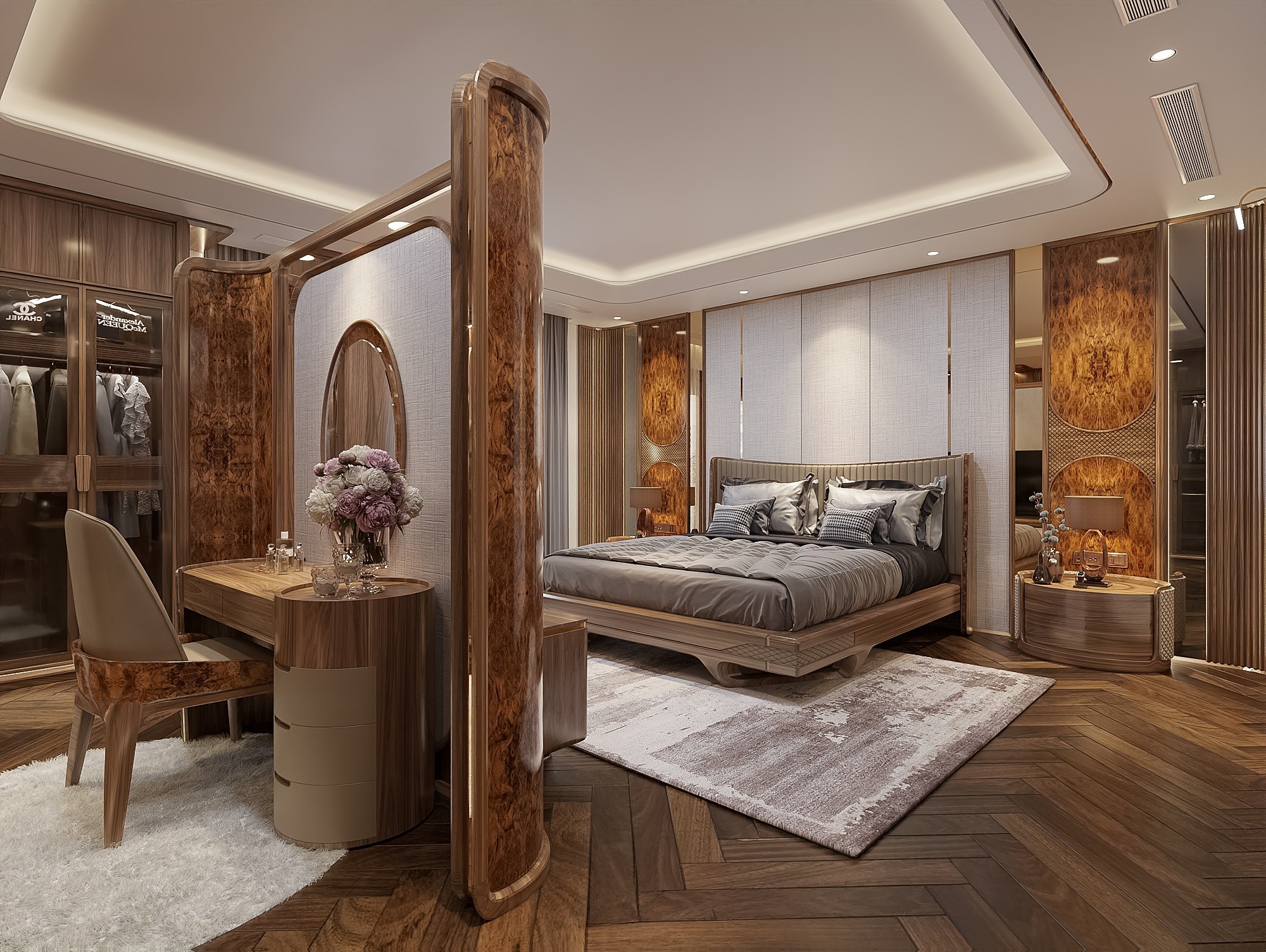 Thiết kế phòng ngủ master gỗ óc chó hiện đại cao cấp.