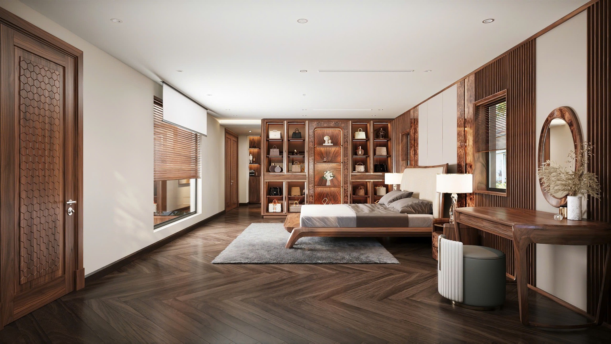 Thiết kế phòng ngủ master gỗ óc chó sang trọng