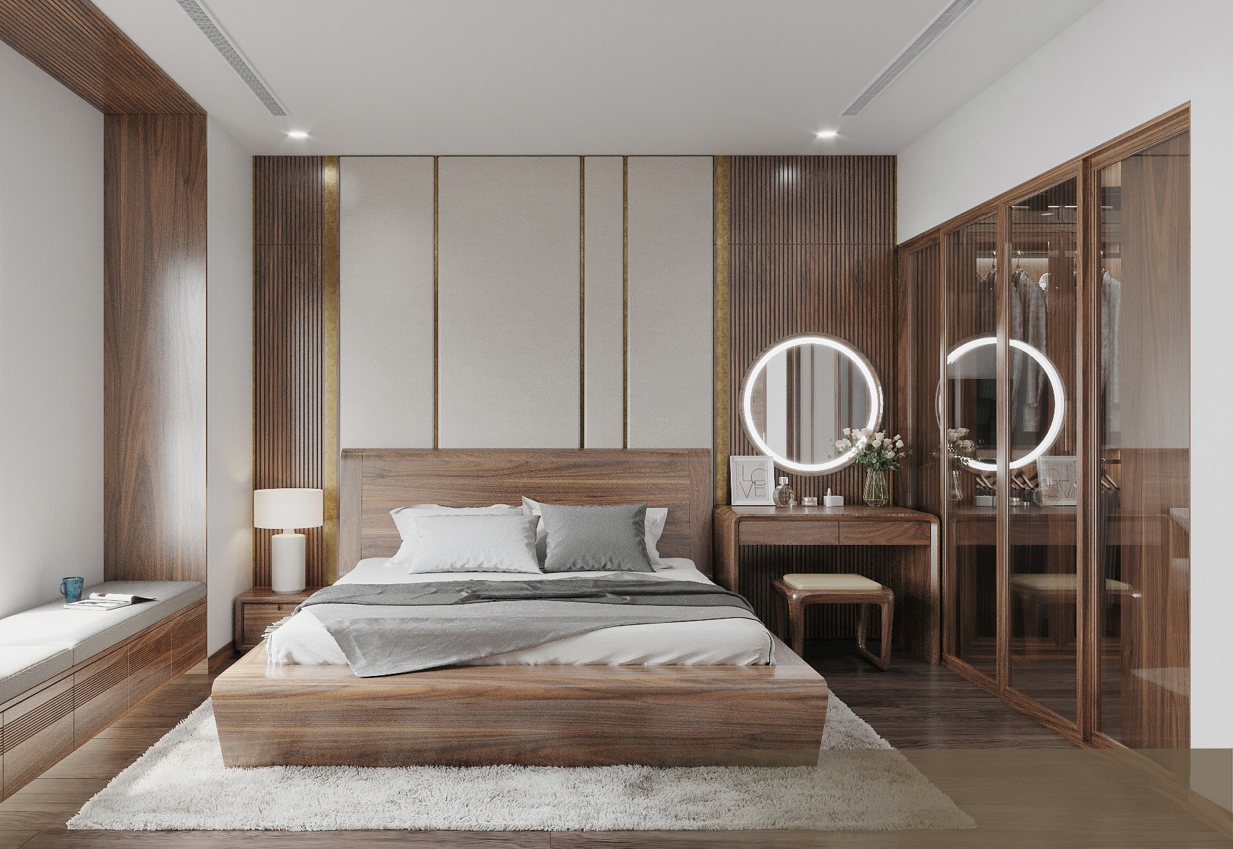 Thiết kế phòng ngủ nhỏ đẹp cho nữ gỗ óc chó.