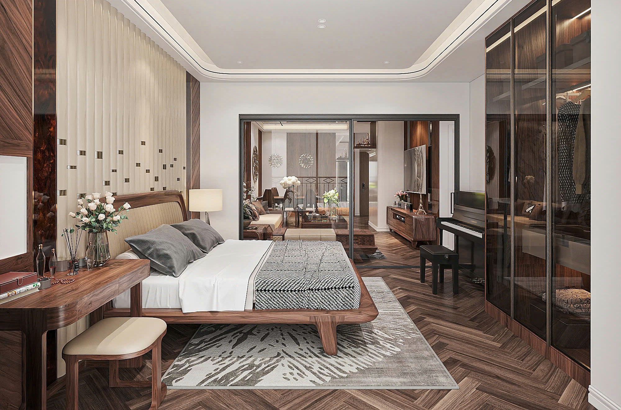 Thiết kế phòng ngủ và phòng làm việc gỗ óc chó bố trí liền mạch.