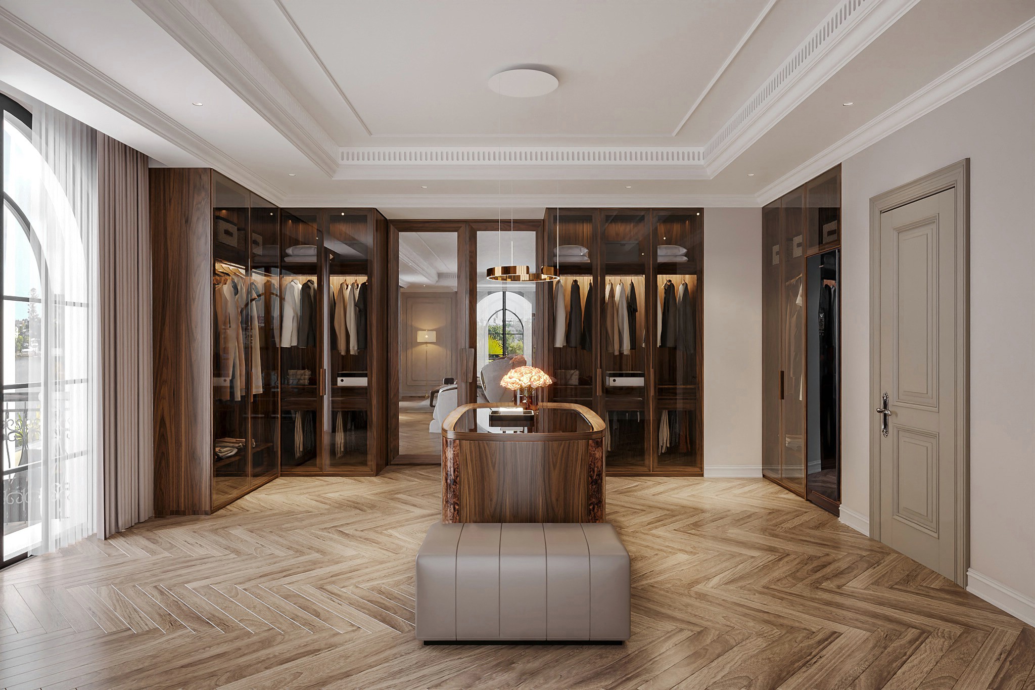Thiết kế phòng thay đồ gỗ óc chó đẹp phong cách hiện đại với hệ tủ mở, bố trí khoa học và không gian lưu trữ rộng rãi.