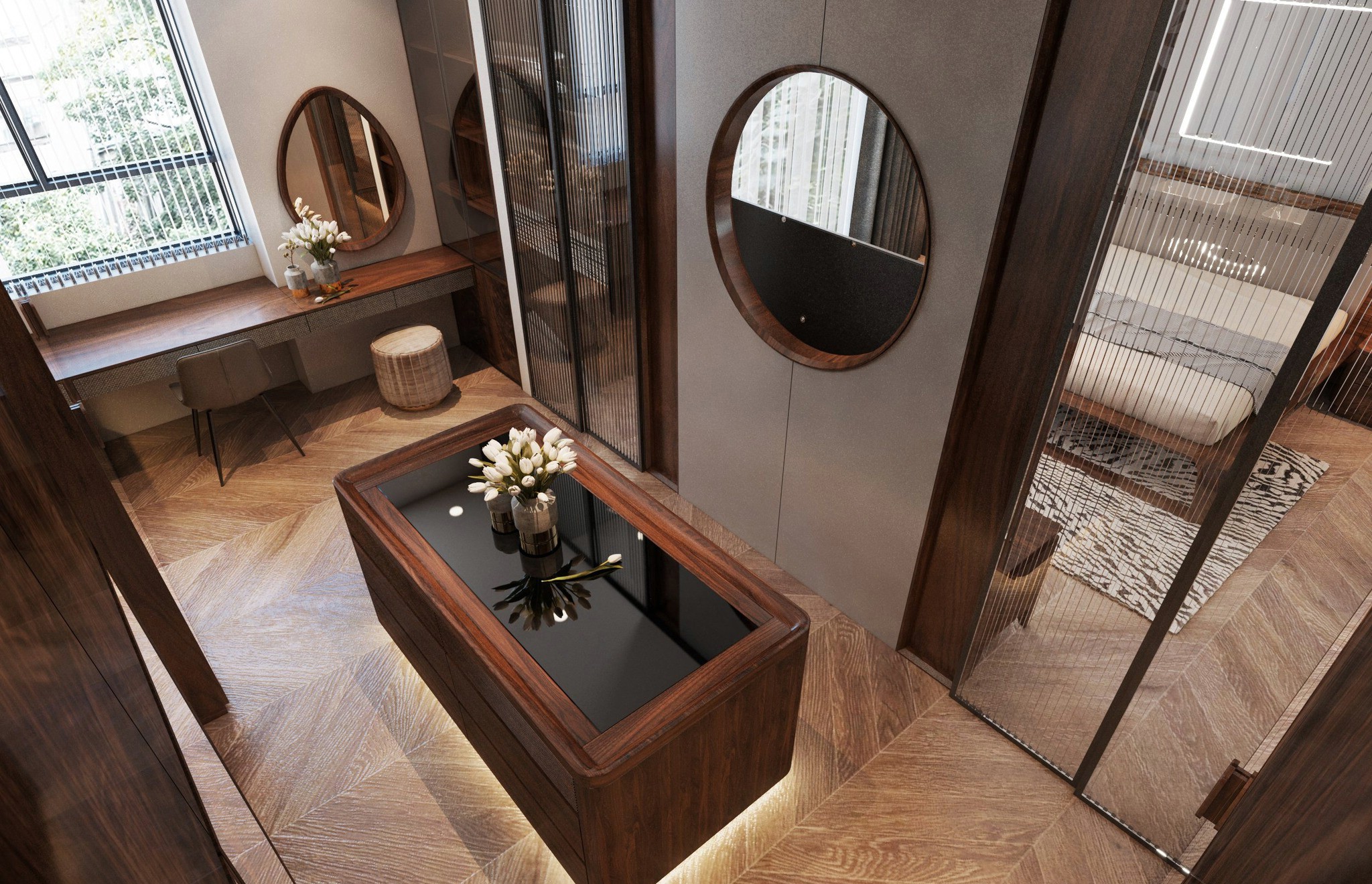 Thiết kế phòng thay đồ gỗ óc chó trong phòng ngủ gọn gàng và tiện lợi.