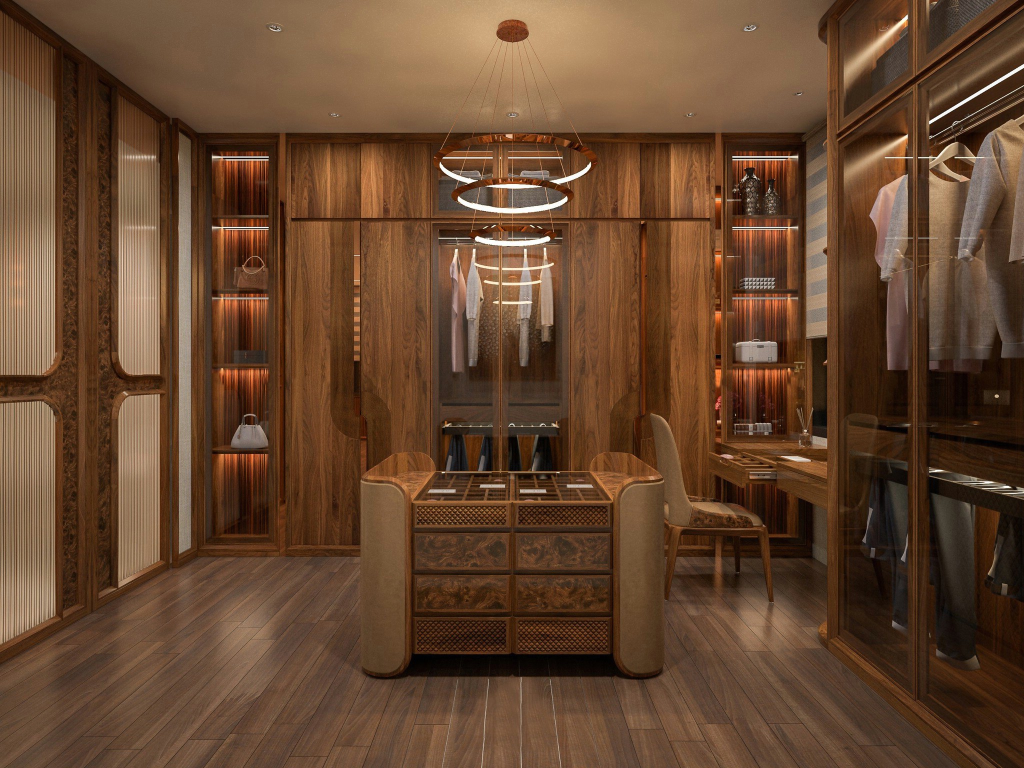 Thiết kế phòng thay đồ tủ quần áo gỗ óc chó với hệ tủ lưu trữ đa dạng, ngăn kéo tiện lợi và ánh sáng hợp lý.