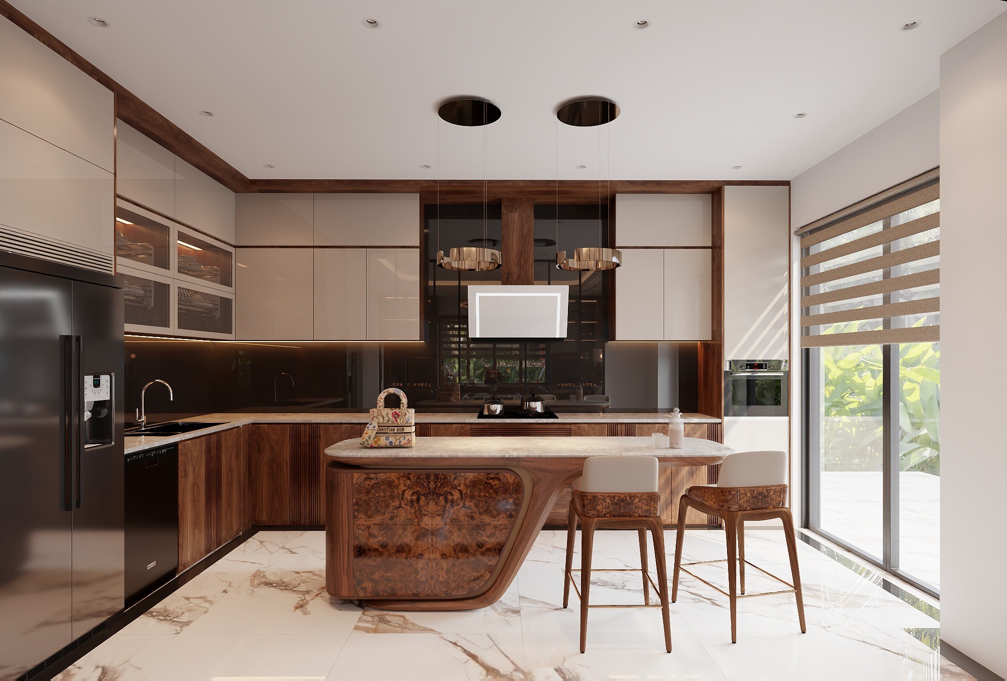 Thiết kế tủ bếp chữ L gỗ óc chó tối ưu góc không gian.