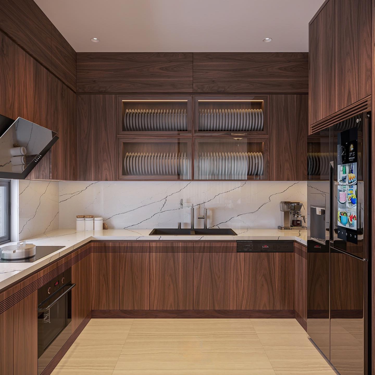 Thiết kế tủ bếp gỗ óc chó hiện đại sang trọng và tiện nghi.