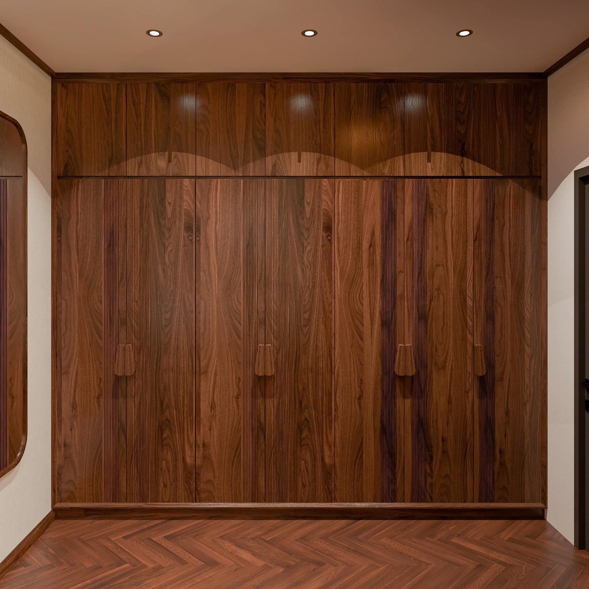 thiết kế tủ quần áo gỗ óc chó âm tường cao kịch trần