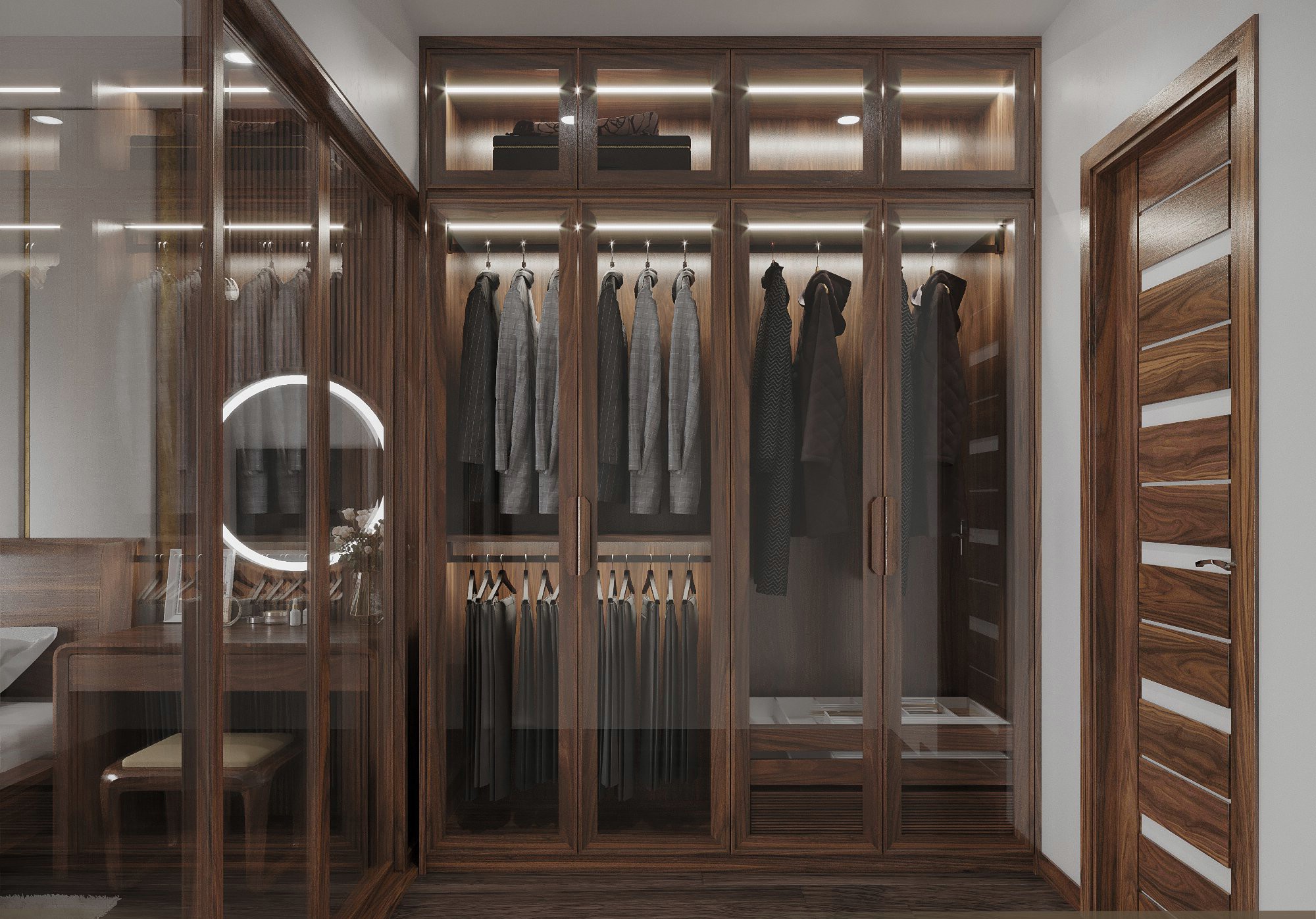 Thiết kế tủ quần áo gỗ óc chó cho phòng ngủ nhỏ tối ưu diện tích.