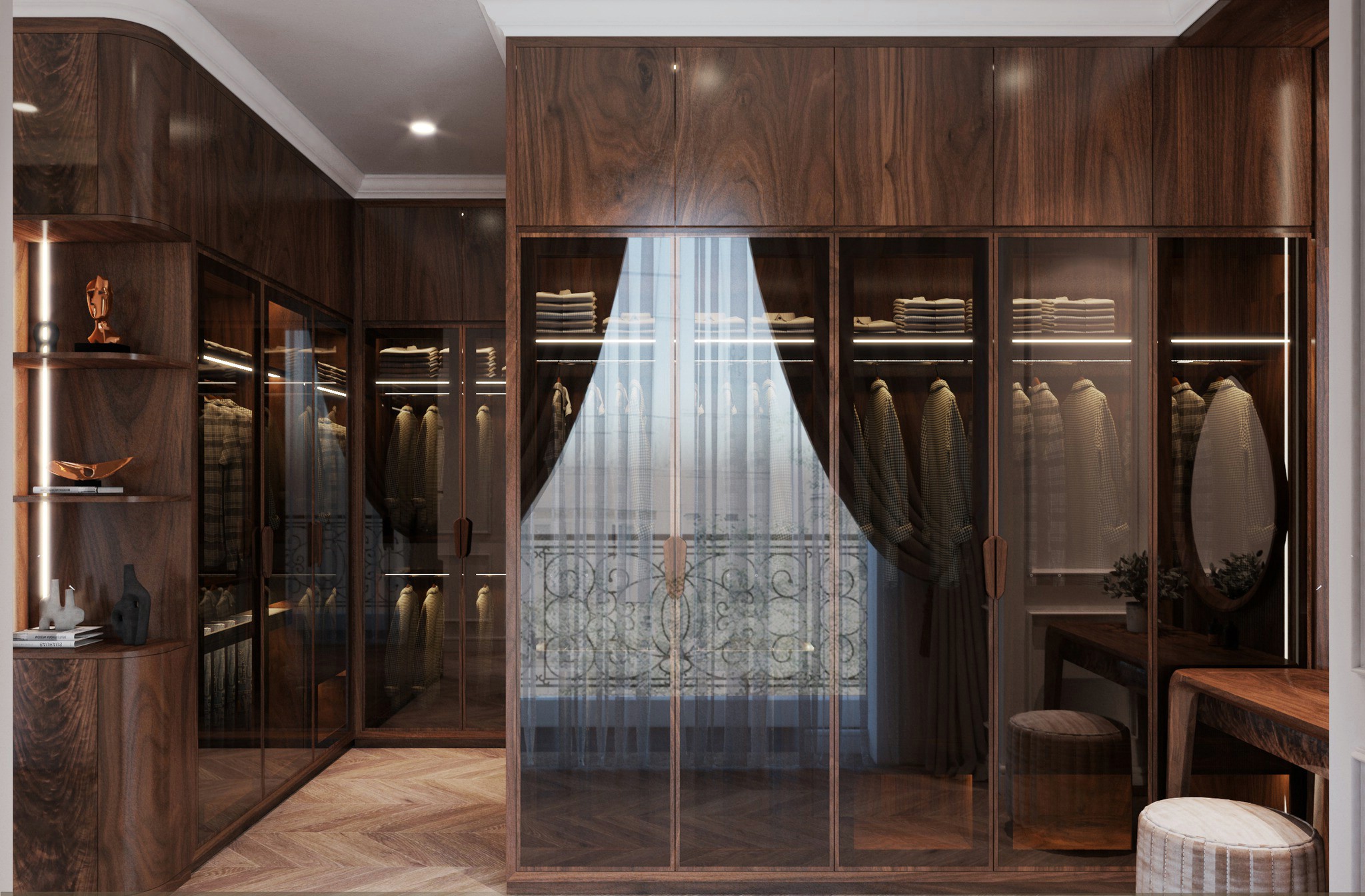 thiết kế tủ quần áo gỗ óc chó đẹp cao kịch trần