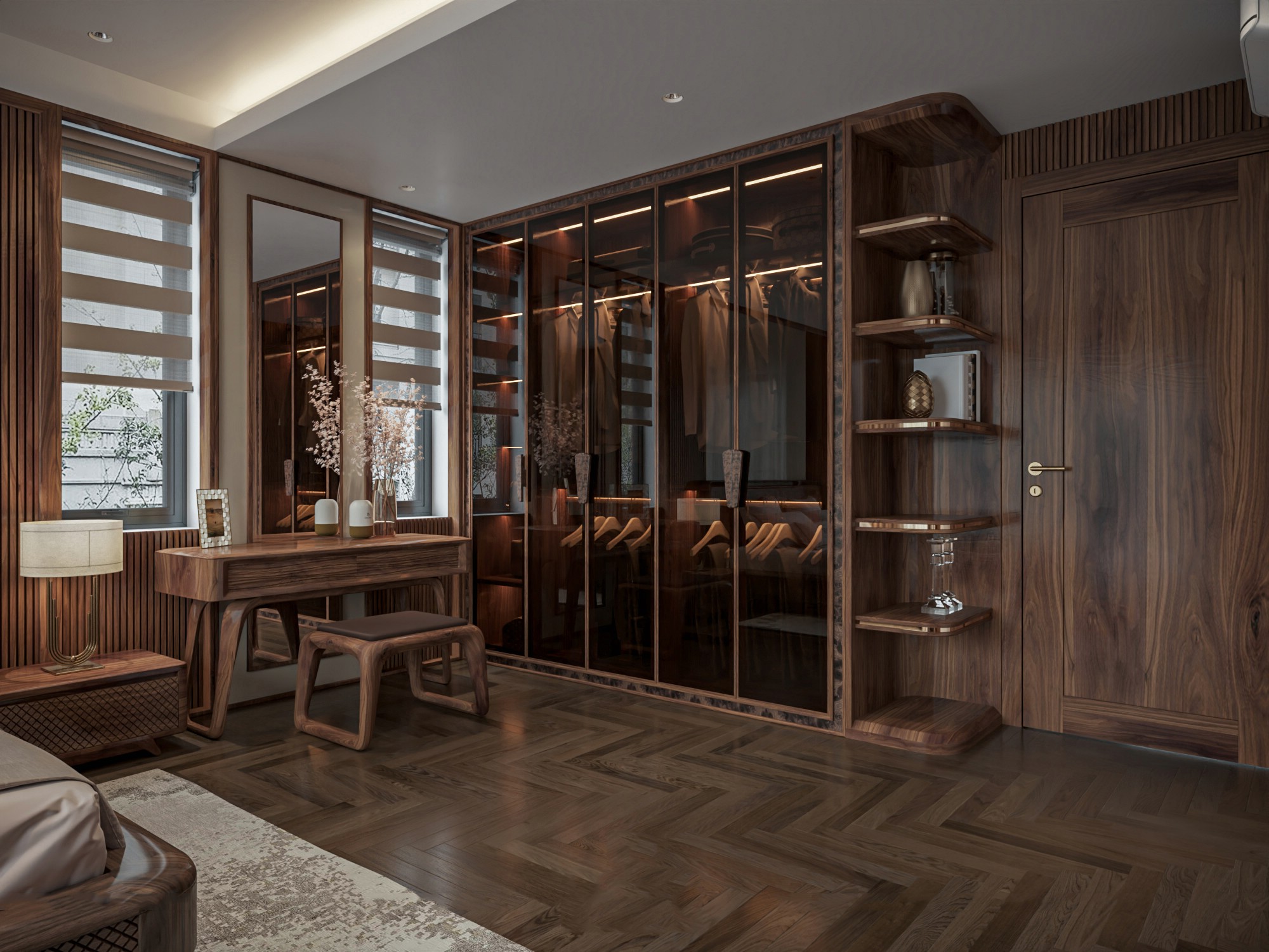 thiết kế tủ quần áo gỗ óc chó hiện đại cao kịch trần