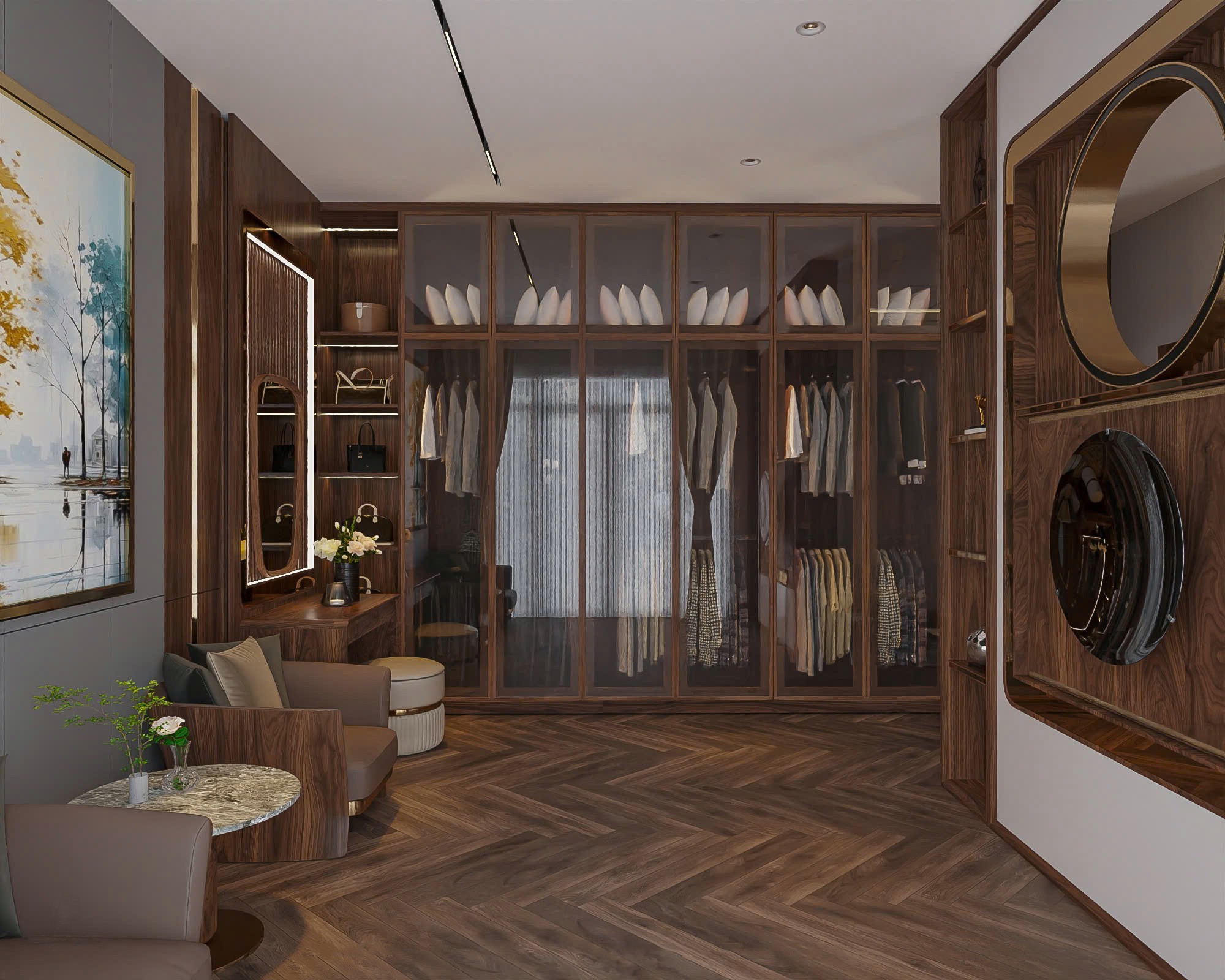 thiết kế tủ quần áo gỗ óc chó thông minh cao kịch trần