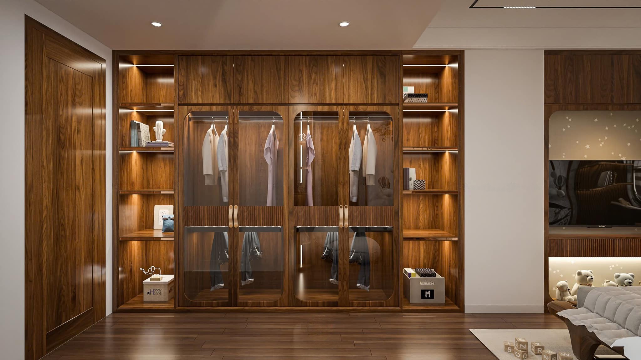 thiết kế tủ quần áo gỗ óc chó hiện đại cao kịch trần