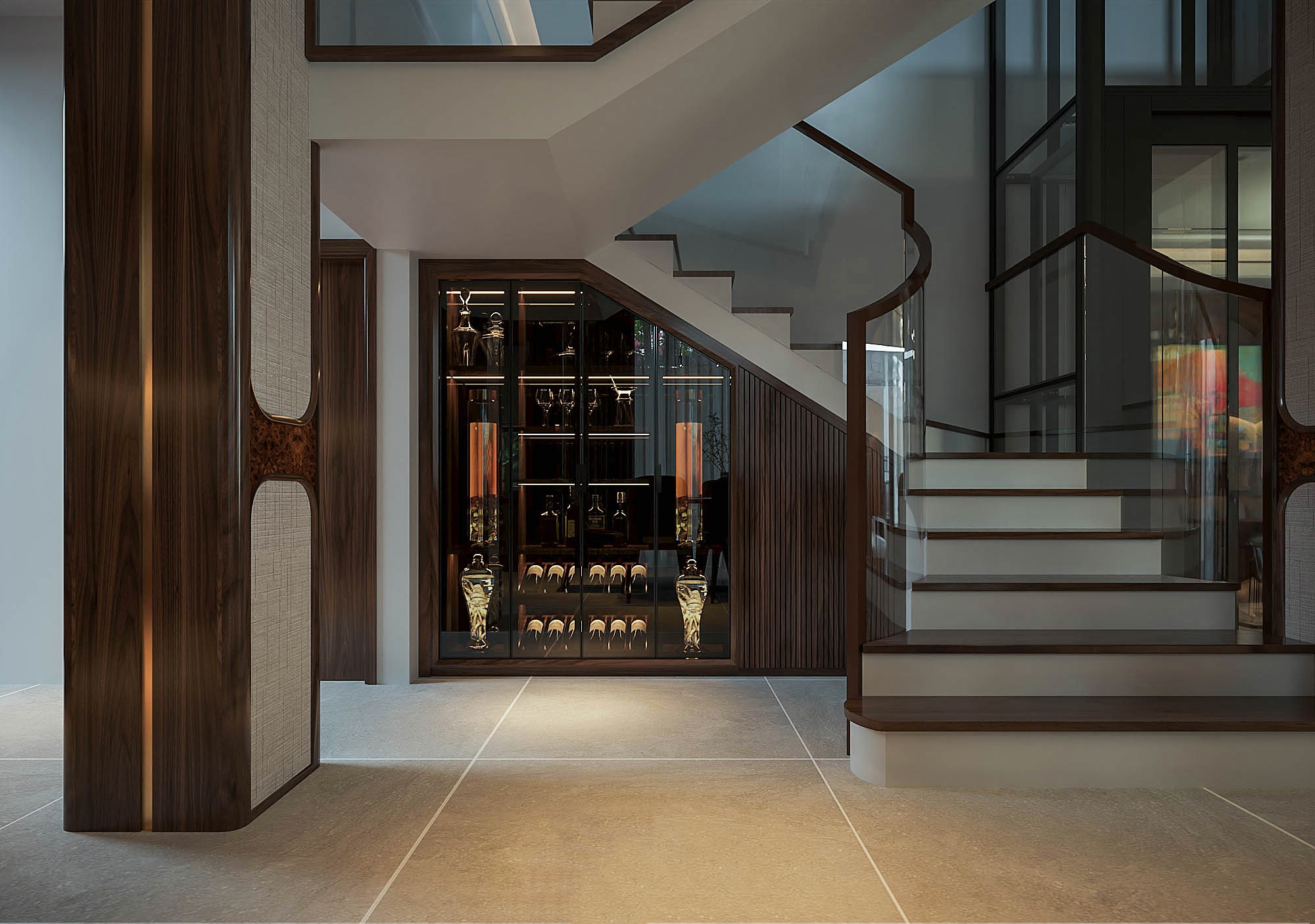 thiết kế tủ rượu gỗ óc chó dưới gầm cầu thang