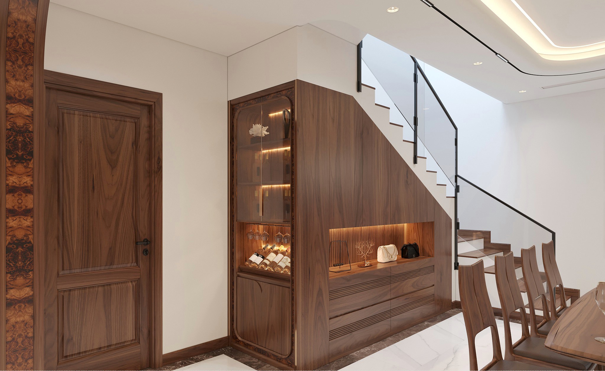 Thiết Kế Tủ Rượu Gỗ Óc Chó Gầm Cầu Thang