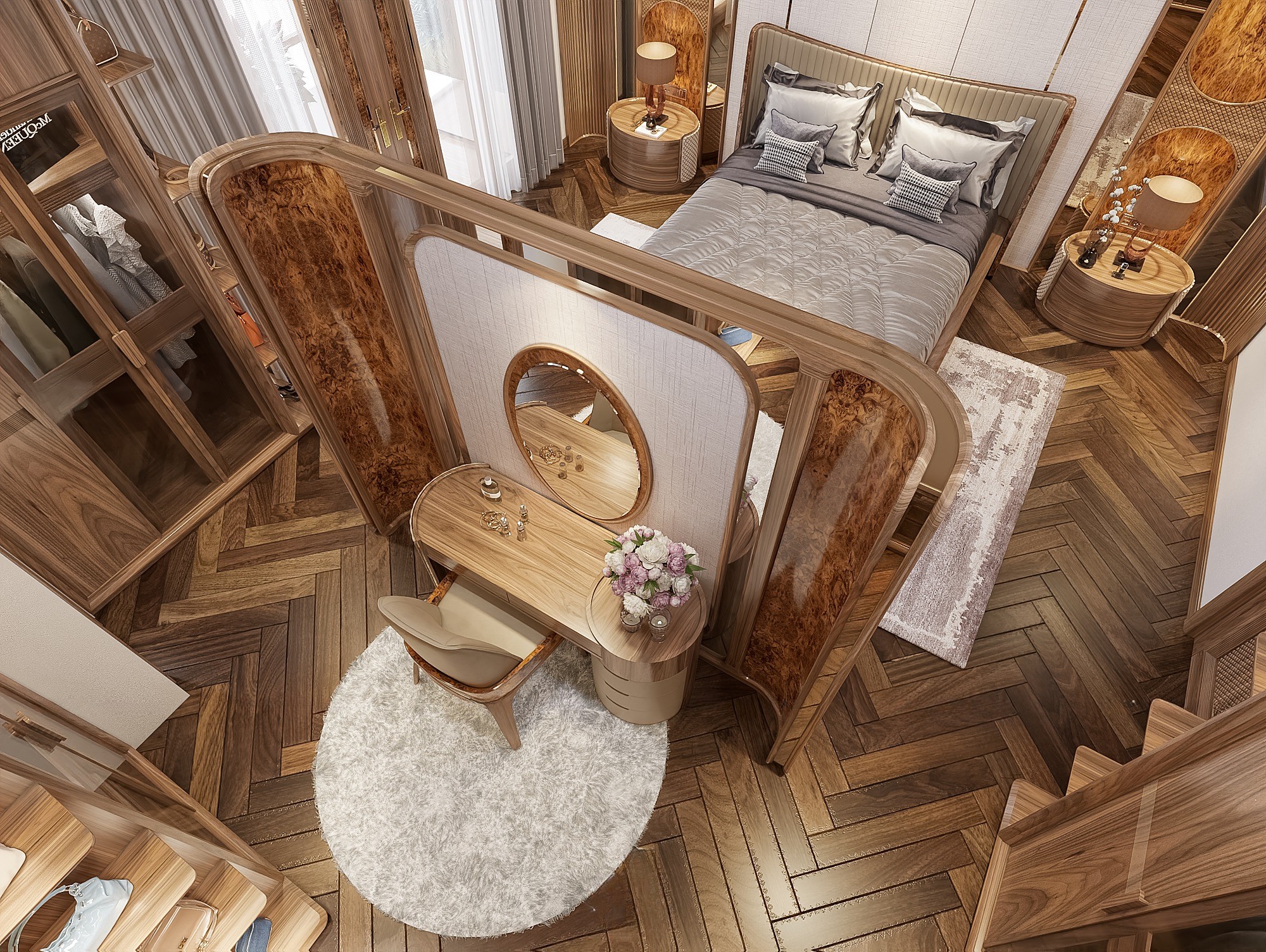 Thiết kế vách ngăn phòng ngủ gỗ óc chó hiện đại.