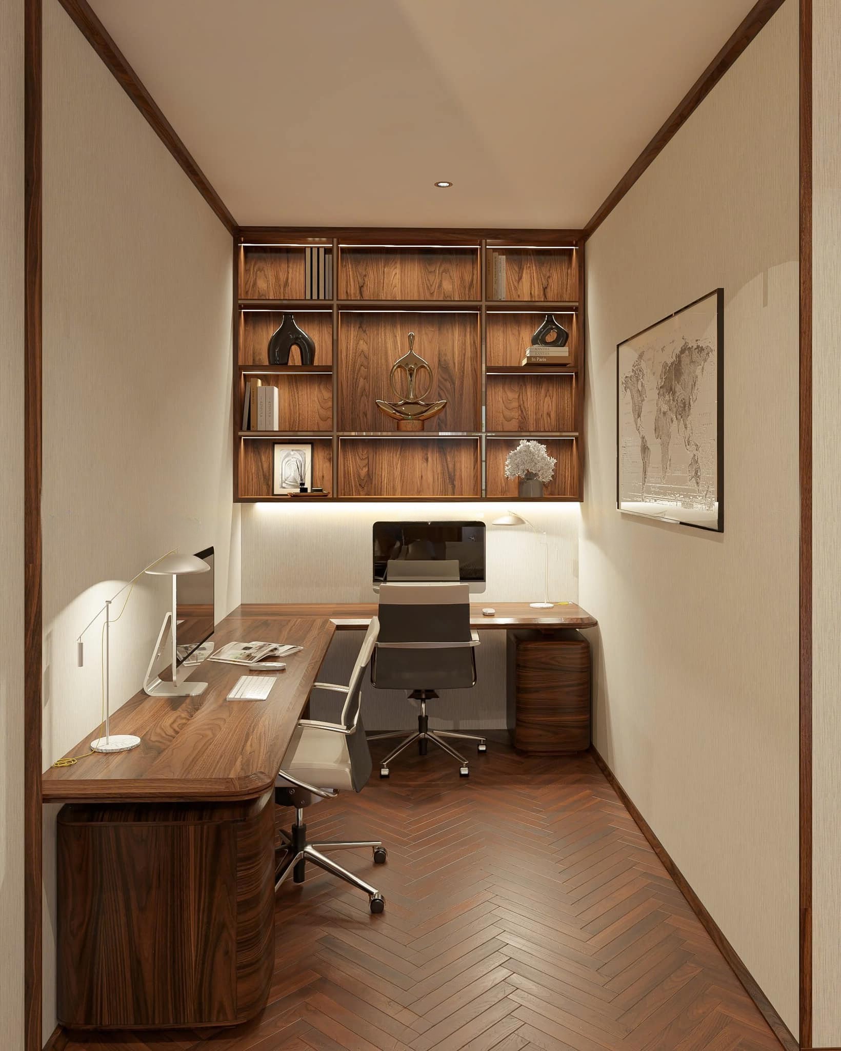 Thiết kế văn phòng làm việc diện tích nhỏ gỗ óc chó.
